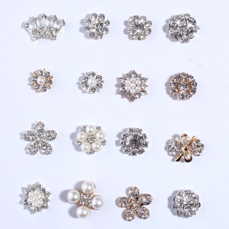 10PCS Chic Clear Crystal Rhinestone Buttons With Ivory Pearls Alloy Metal Button