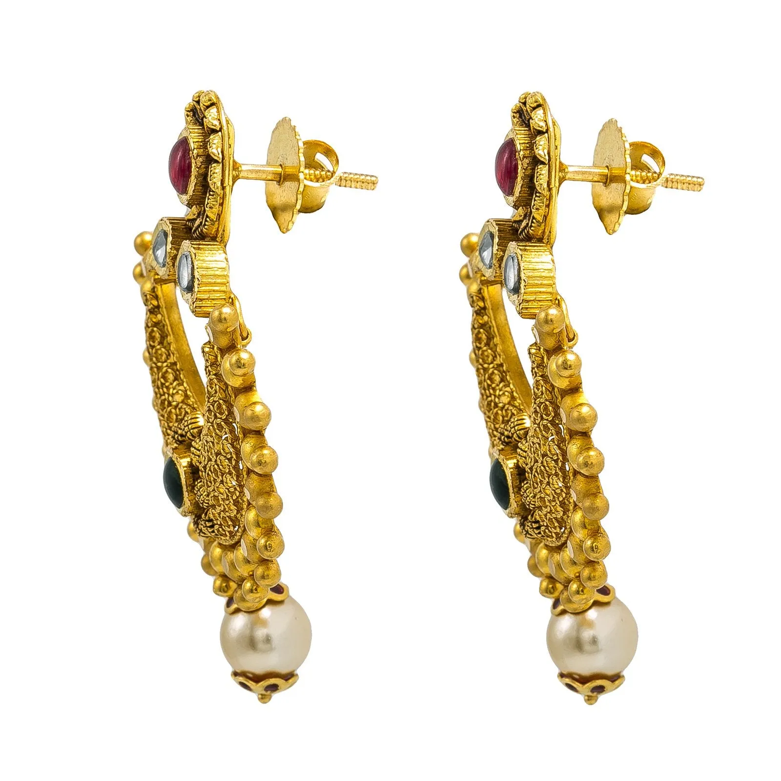 22K Yellow Gold Chandbali Long Drop Earrings W/ Ruby, Emerald, Kundan & Pearl on Beaded Open Pendant