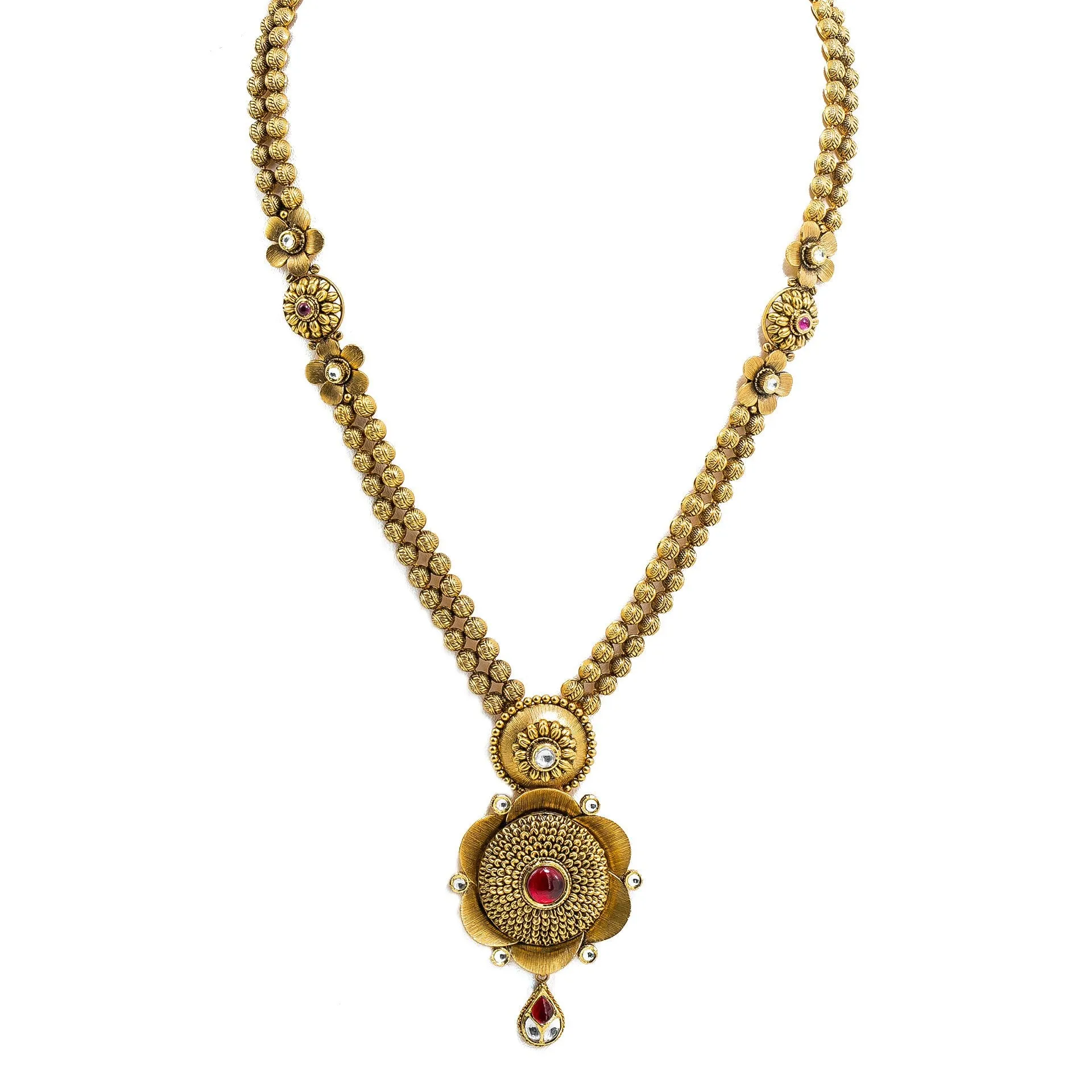 22K Yellow Gold Necklace & Jhumki Earrings Set W/ Rubies, Long Double Beaded Strand & Flower Pendants