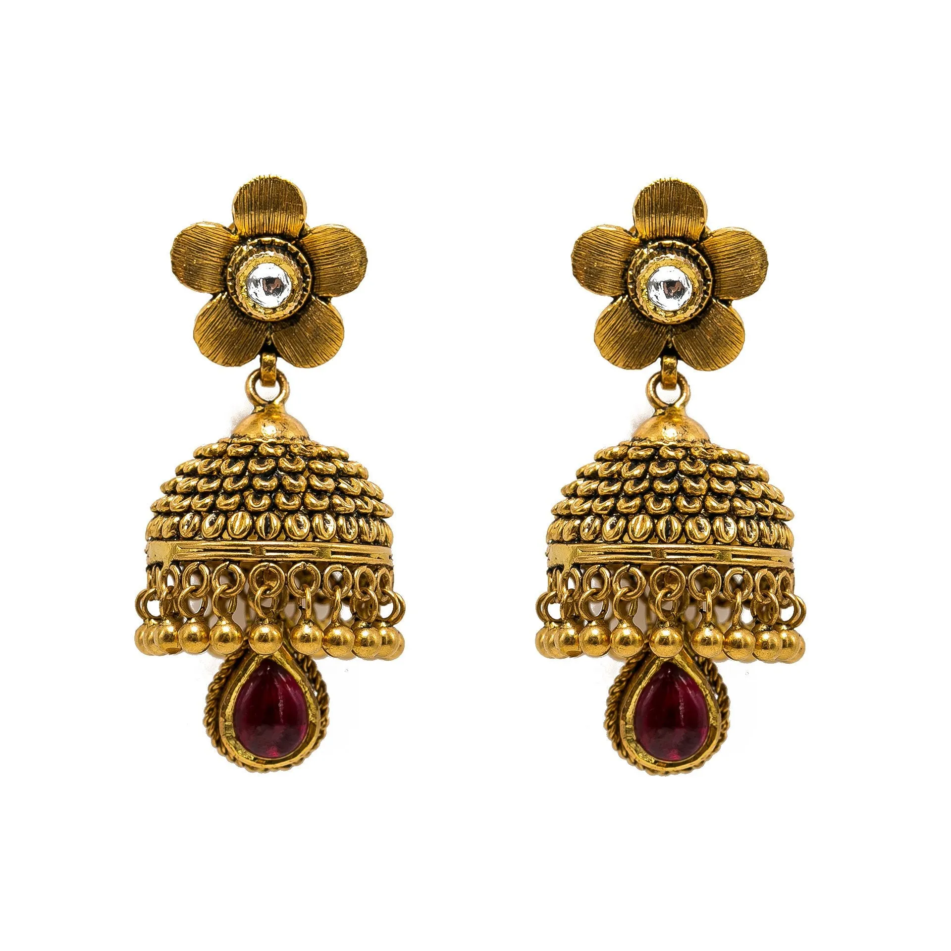 22K Yellow Gold Necklace & Jhumki Earrings Set W/ Rubies, Long Double Beaded Strand & Flower Pendants