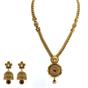 22K Yellow Gold Necklace & Jhumki Earrings Set W/ Rubies, Long Double Beaded Strand & Flower Pendants