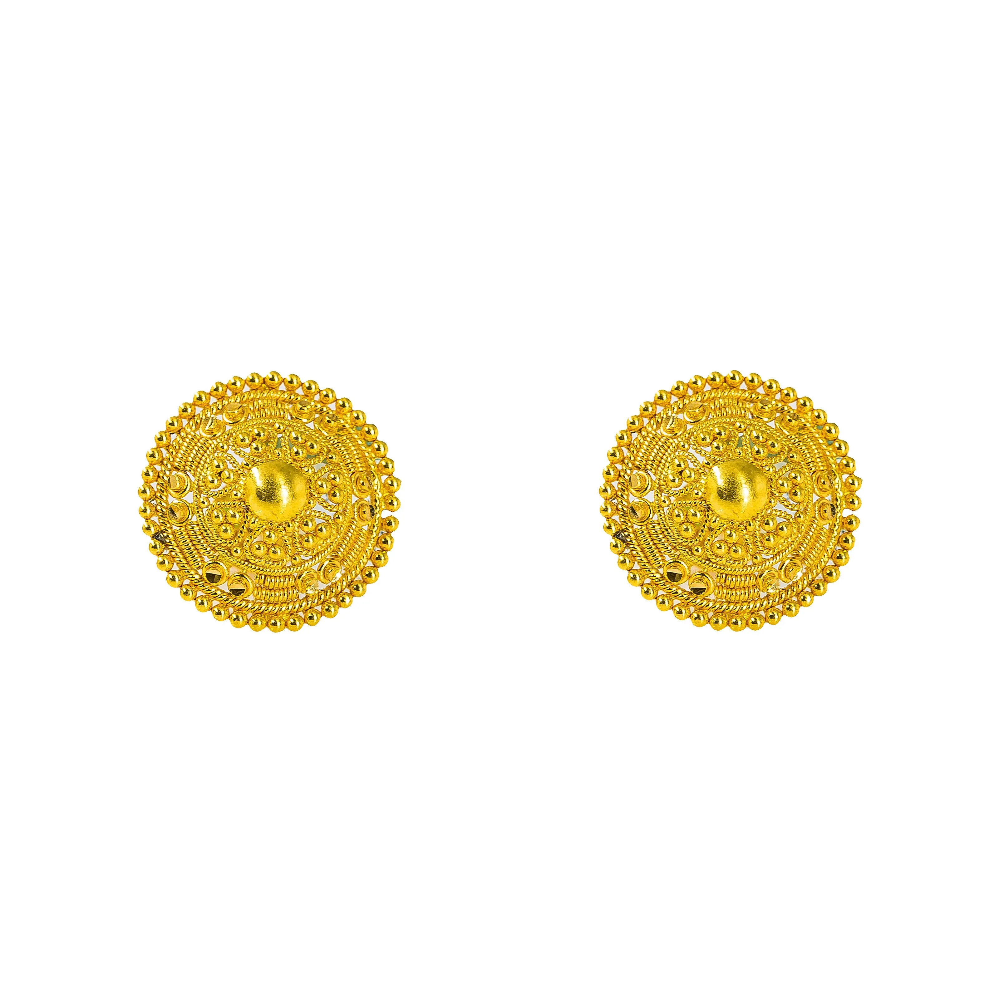 22K Yellow Gold Stud Earrings W/ Handcrafted Beaded Circle Shield Frame