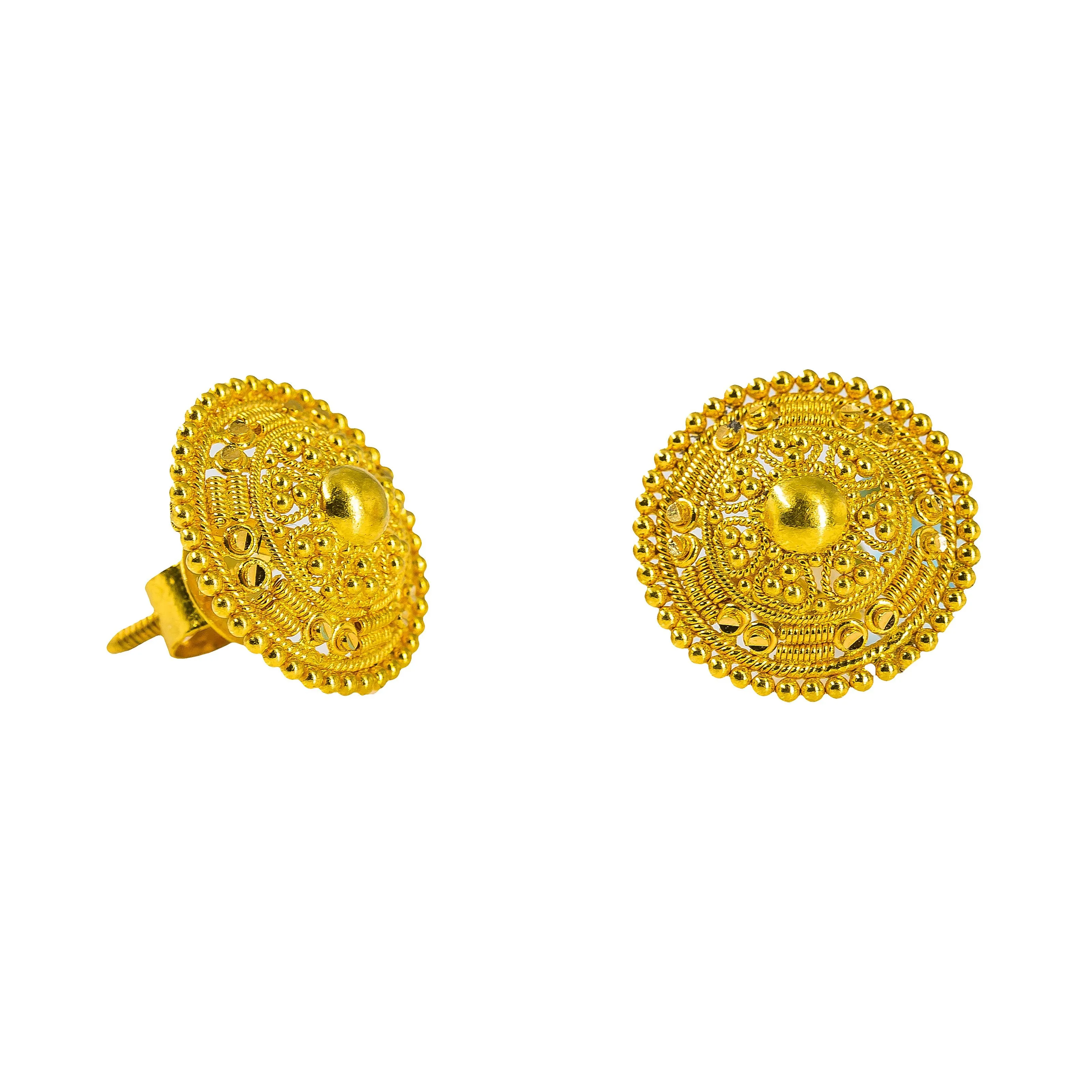 22K Yellow Gold Stud Earrings W/ Handcrafted Beaded Circle Shield Frame