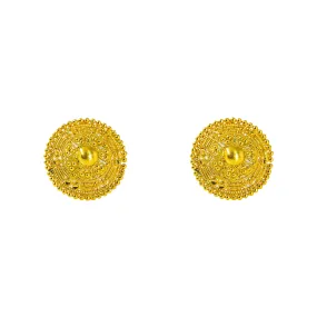 22K Yellow Gold Stud Earrings W/ Handcrafted Beaded Circle Shield Frame