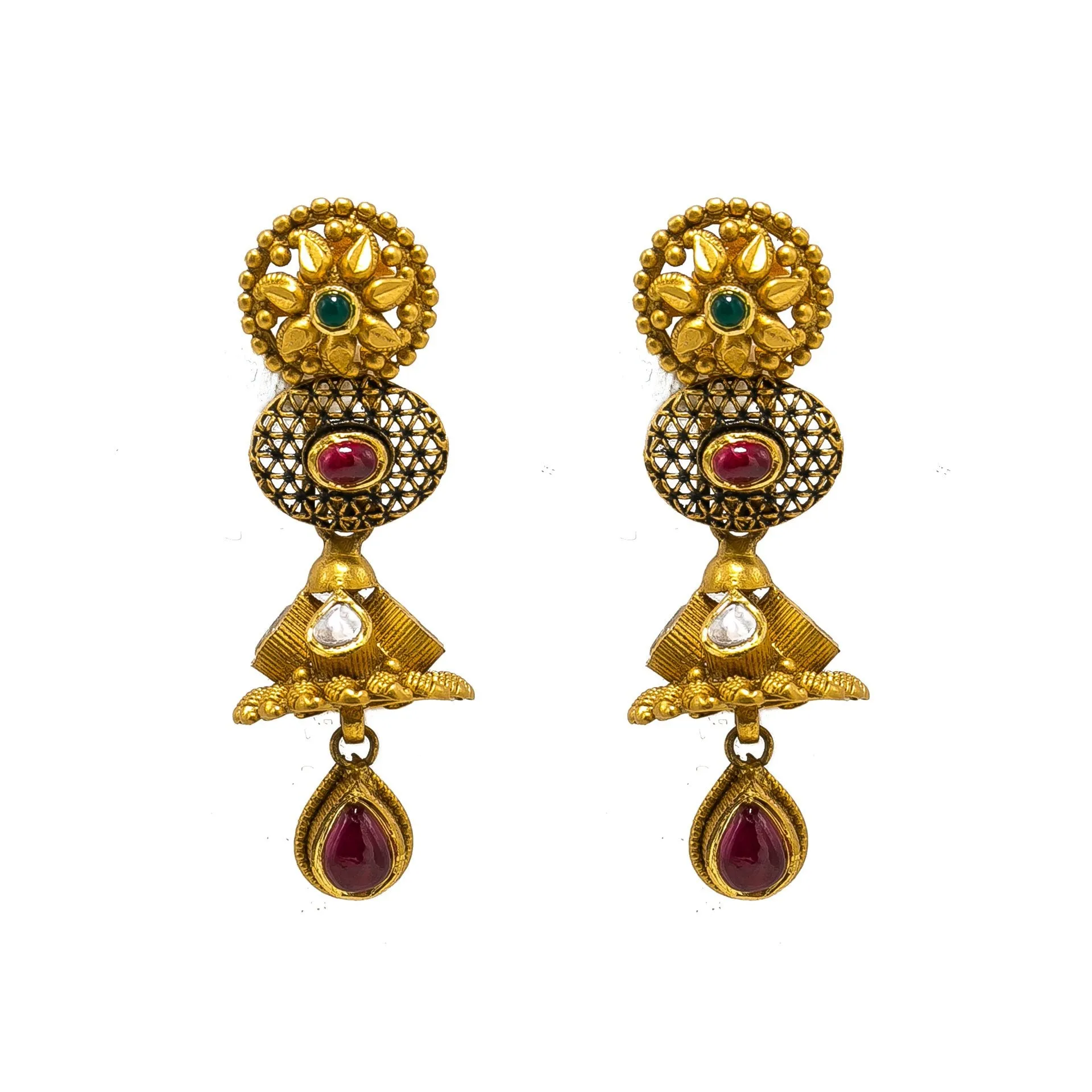 22K Yellow Gold Temple Necklace & Earrings Set W/ Rubies, Emeralds, Kundan, Geometric Accents & Draped Beaded Strands