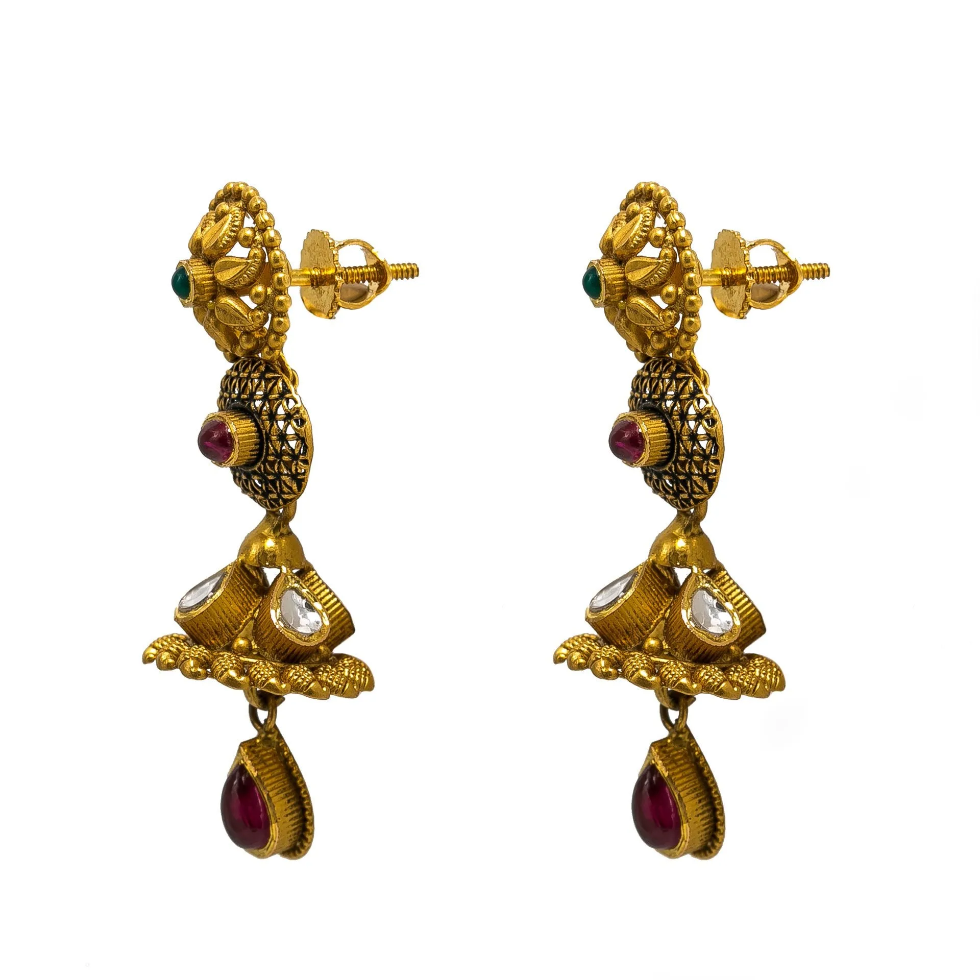 22K Yellow Gold Temple Necklace & Earrings Set W/ Rubies, Emeralds, Kundan, Geometric Accents & Draped Beaded Strands