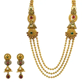 22K Yellow Gold Temple Necklace & Earrings Set W/ Rubies, Emeralds, Kundan, Geometric Accents & Draped Beaded Strands