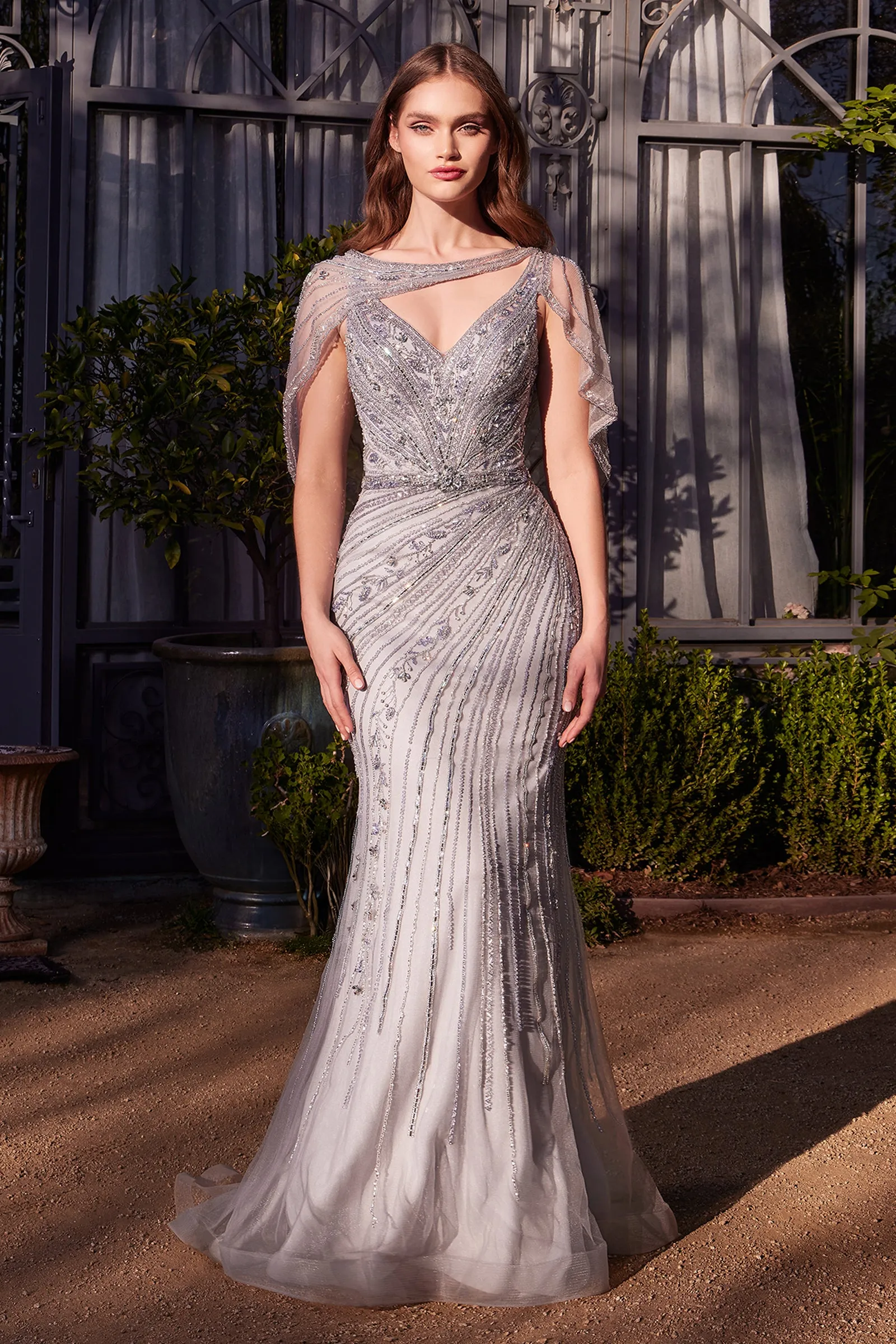ANDREA & LEO A1443 Shoulder Drape Crystal Beaded Gown