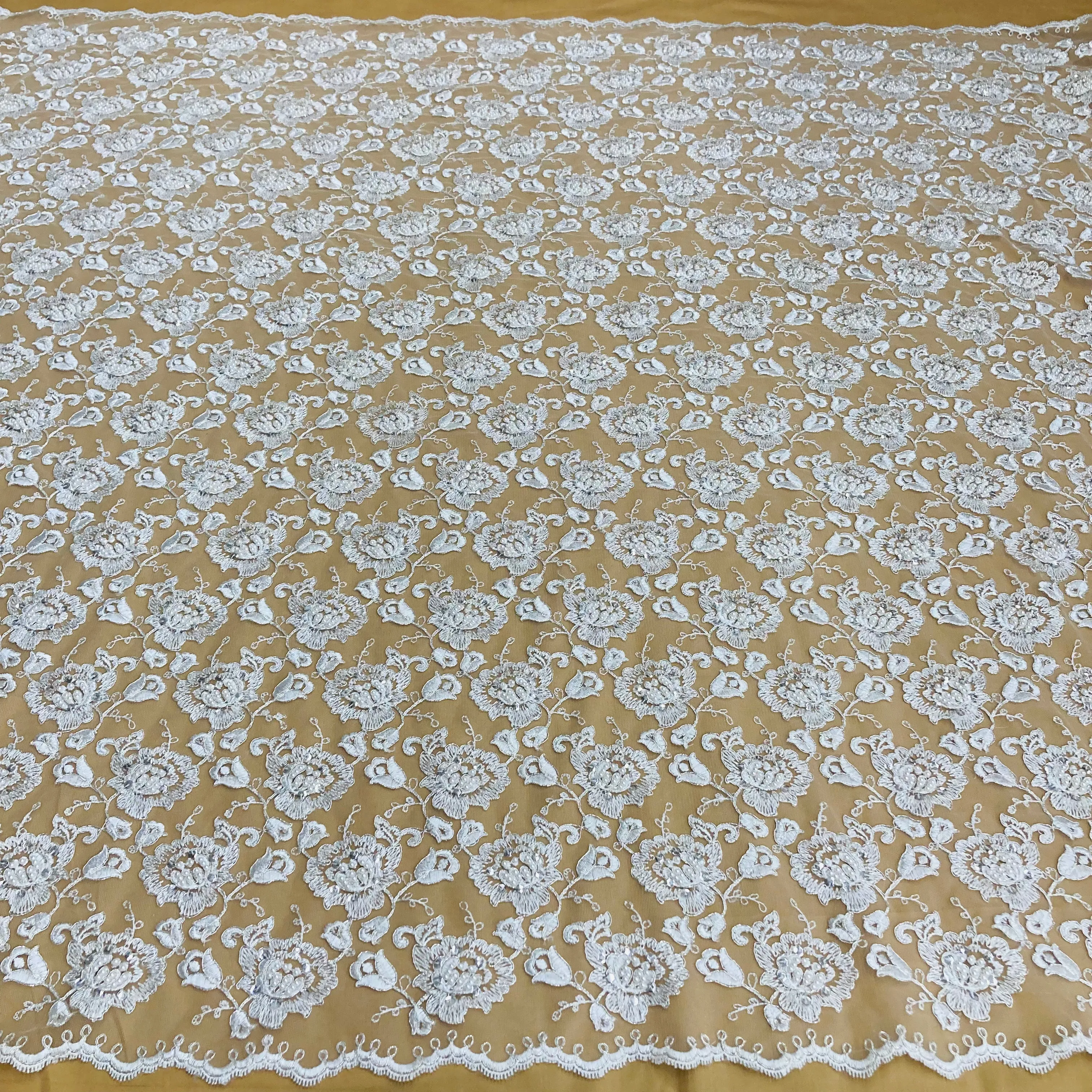 Beaded & Corded Bridal Lace Fabric Embroidered on 100% Polyester Net Mesh | Lace USA - 95163W-BP