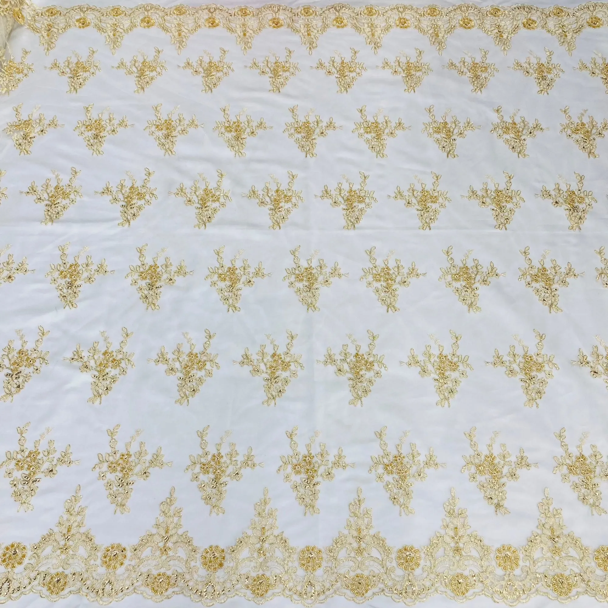 Beaded & Corded Bridal Lace Fabric Embroidered on 100% Polyester Net Mesh | Lace USA - 95247W-BP