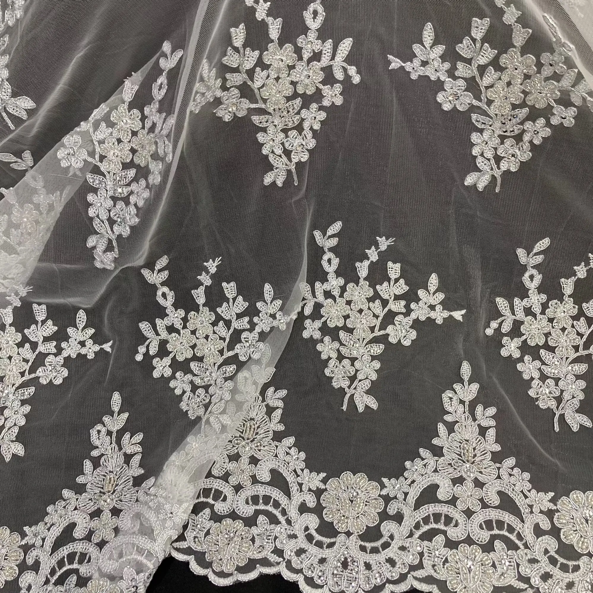 Beaded & Corded Bridal Lace Fabric Embroidered on 100% Polyester Net Mesh | Lace USA - 95247W-BP