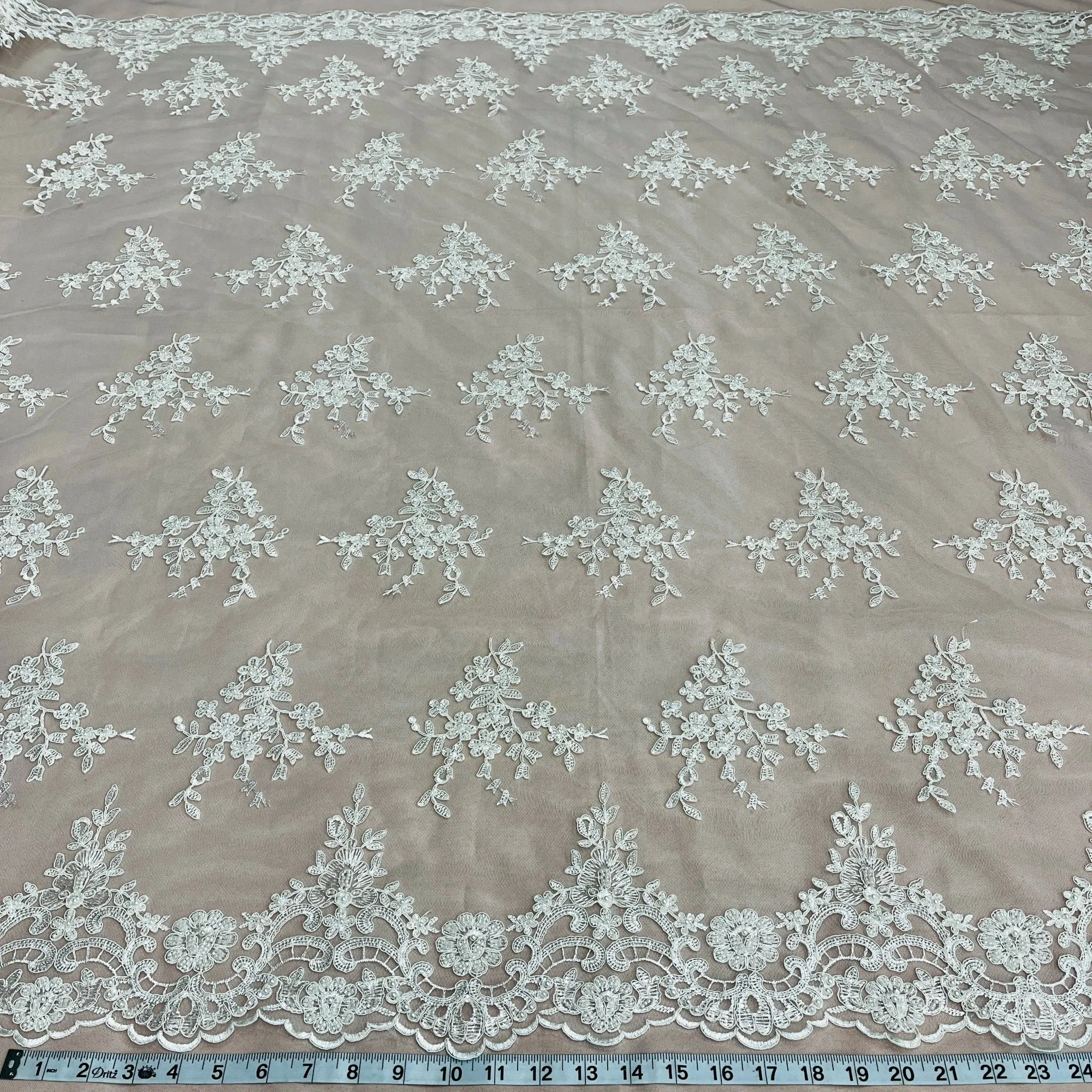 Beaded & Corded Bridal Lace Fabric Embroidered on 100% Polyester Net Mesh | Lace USA - 95247W-BP