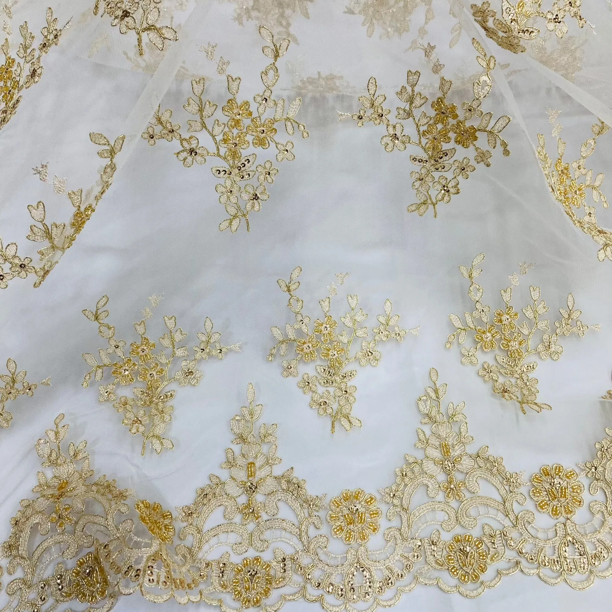 Beaded & Corded Bridal Lace Fabric Embroidered on 100% Polyester Net Mesh | Lace USA - 95247W-BP