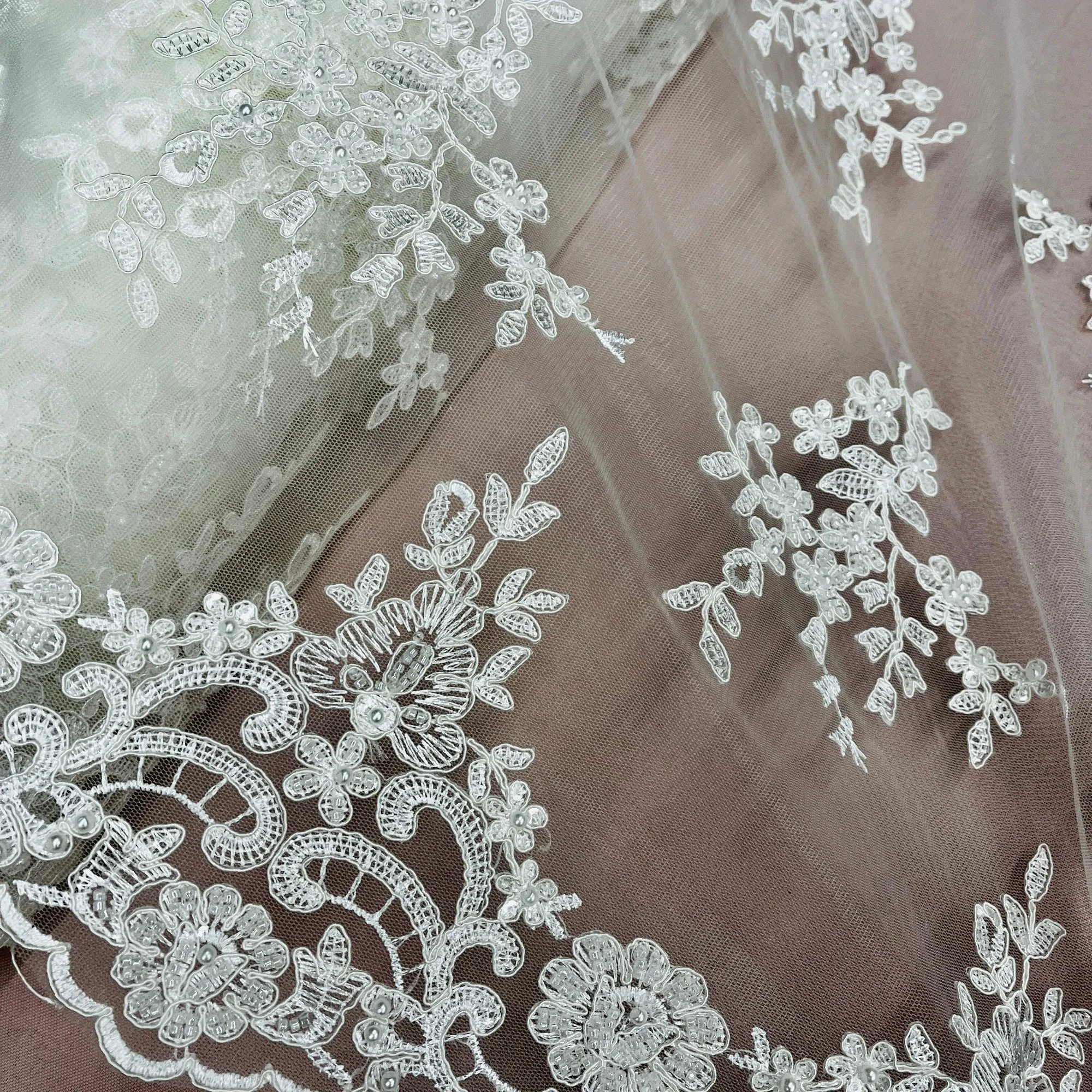 Beaded & Corded Bridal Lace Fabric Embroidered on 100% Polyester Net Mesh | Lace USA - 95247W-BP