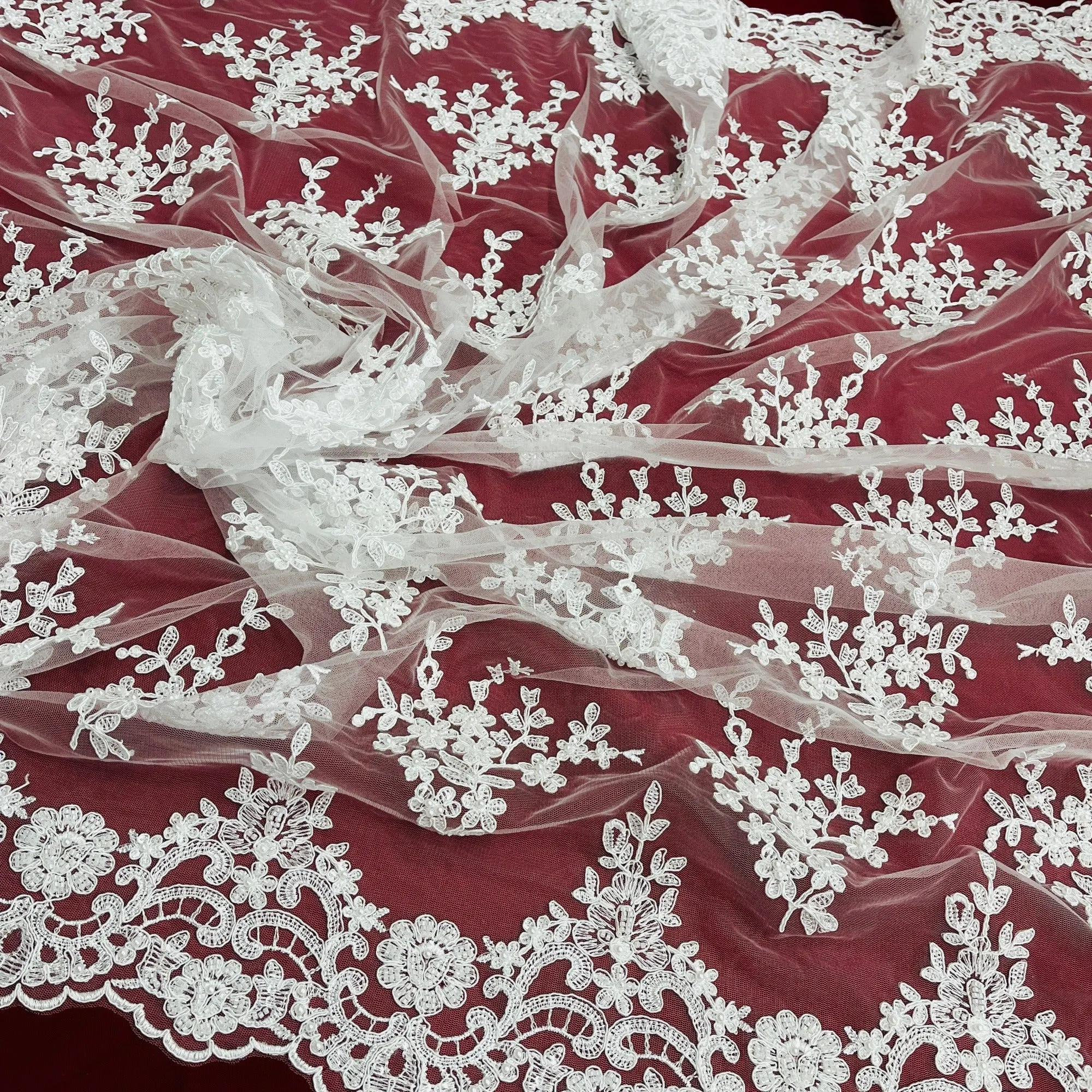 Beaded & Corded Bridal Lace Fabric Embroidered on 100% Polyester Net Mesh | Lace USA - 95247W-BP