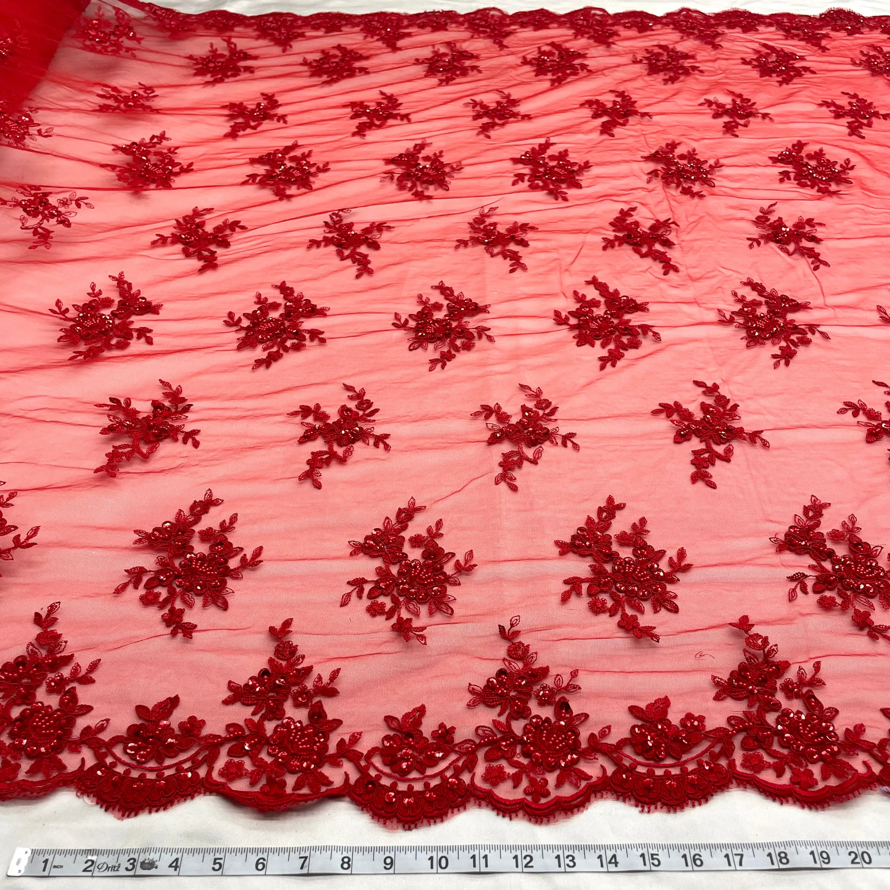 Beaded & Corded Bridal Lace Fabric Embroidered on 100% Polyester Net Mesh | Lace USA - 96519W-BP