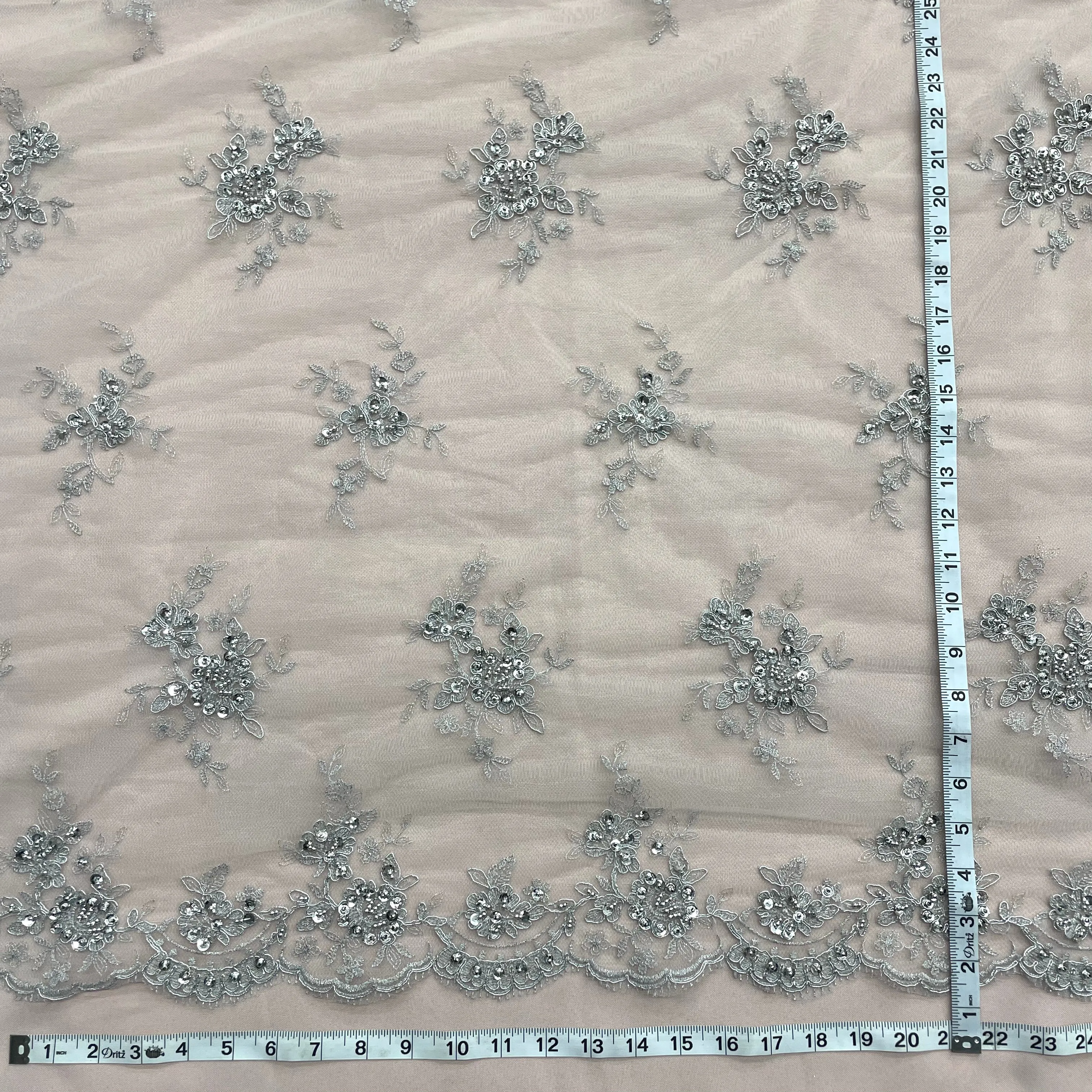 Beaded & Corded Bridal Lace Fabric Embroidered on 100% Polyester Net Mesh | Lace USA - 96519W-BP