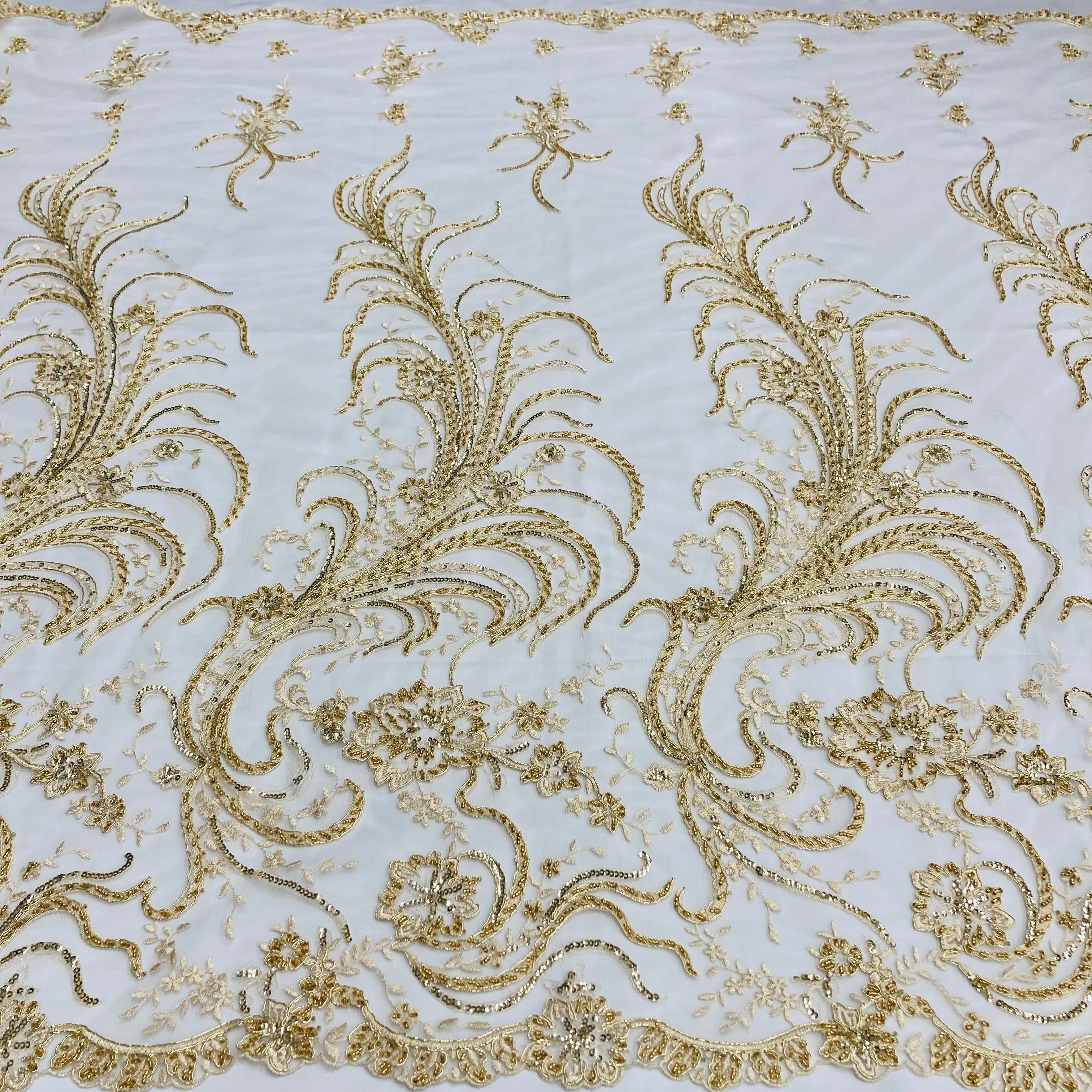Beaded & Corded Bridal Lace Fabric Embroidered on 100% Polyester Net Mesh | Lace USA - 97130W-HB