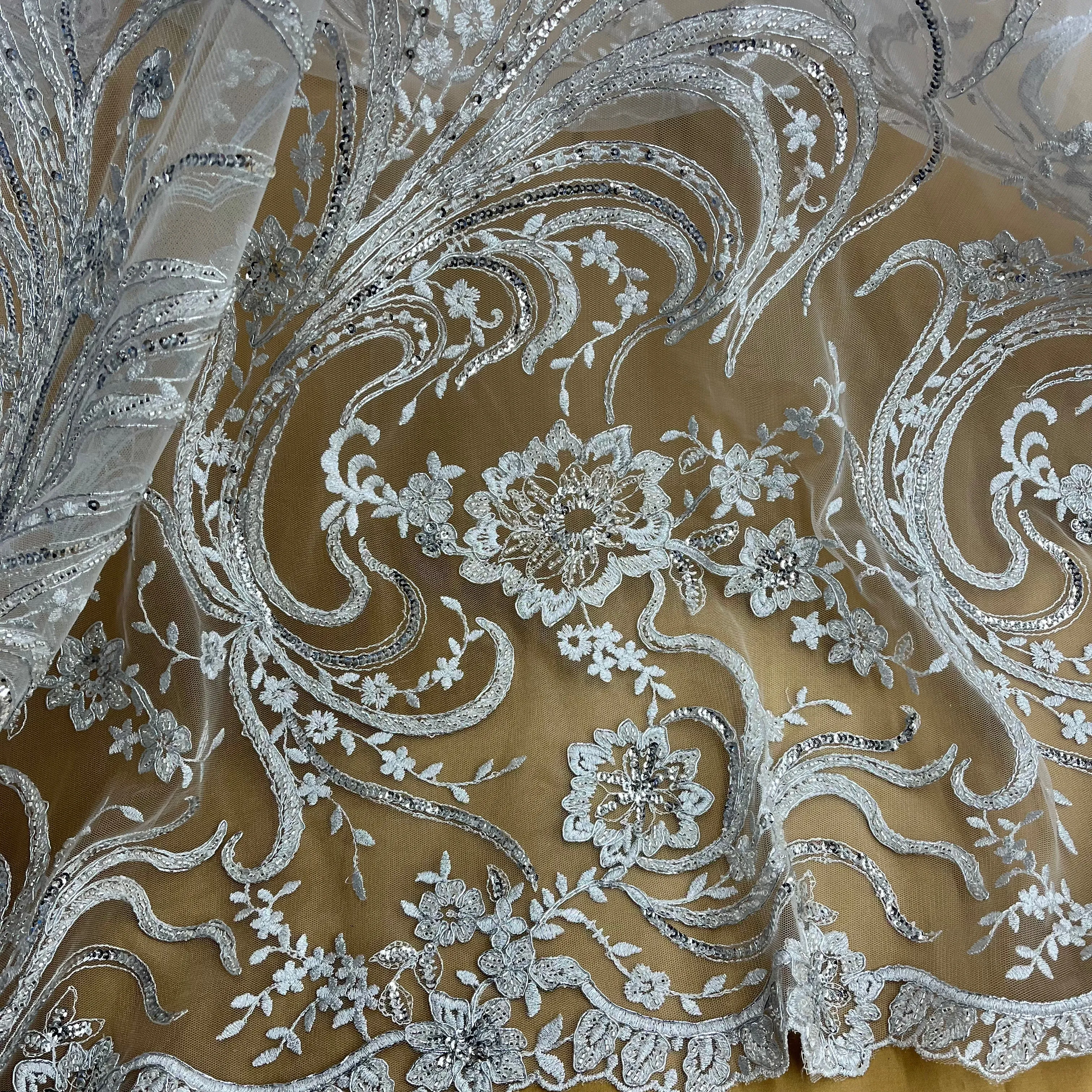 Beaded & Corded Bridal Lace Fabric Embroidered on 100% Polyester Net Mesh | Lace USA - 97130W-HB