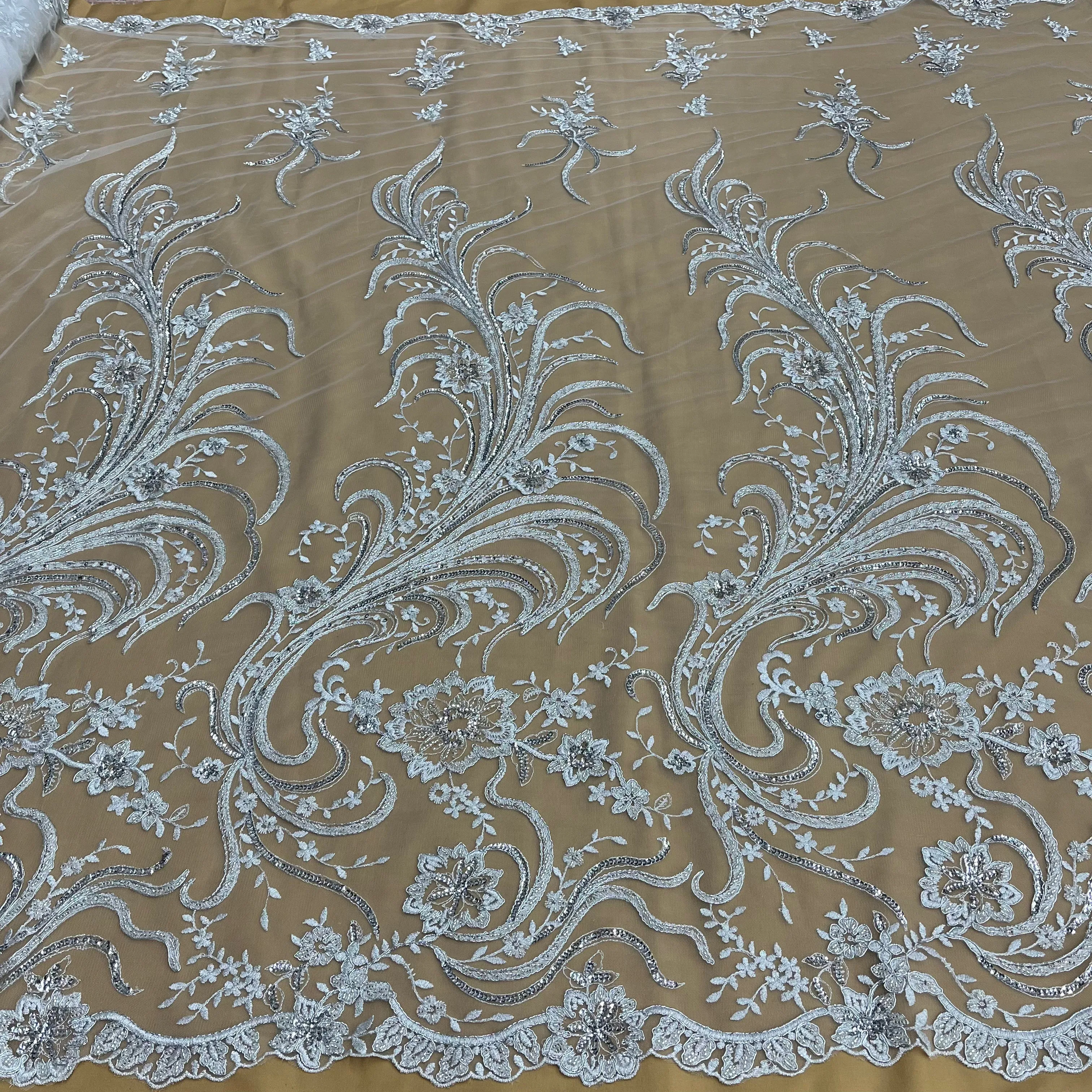 Beaded & Corded Bridal Lace Fabric Embroidered on 100% Polyester Net Mesh | Lace USA - 97130W-HB