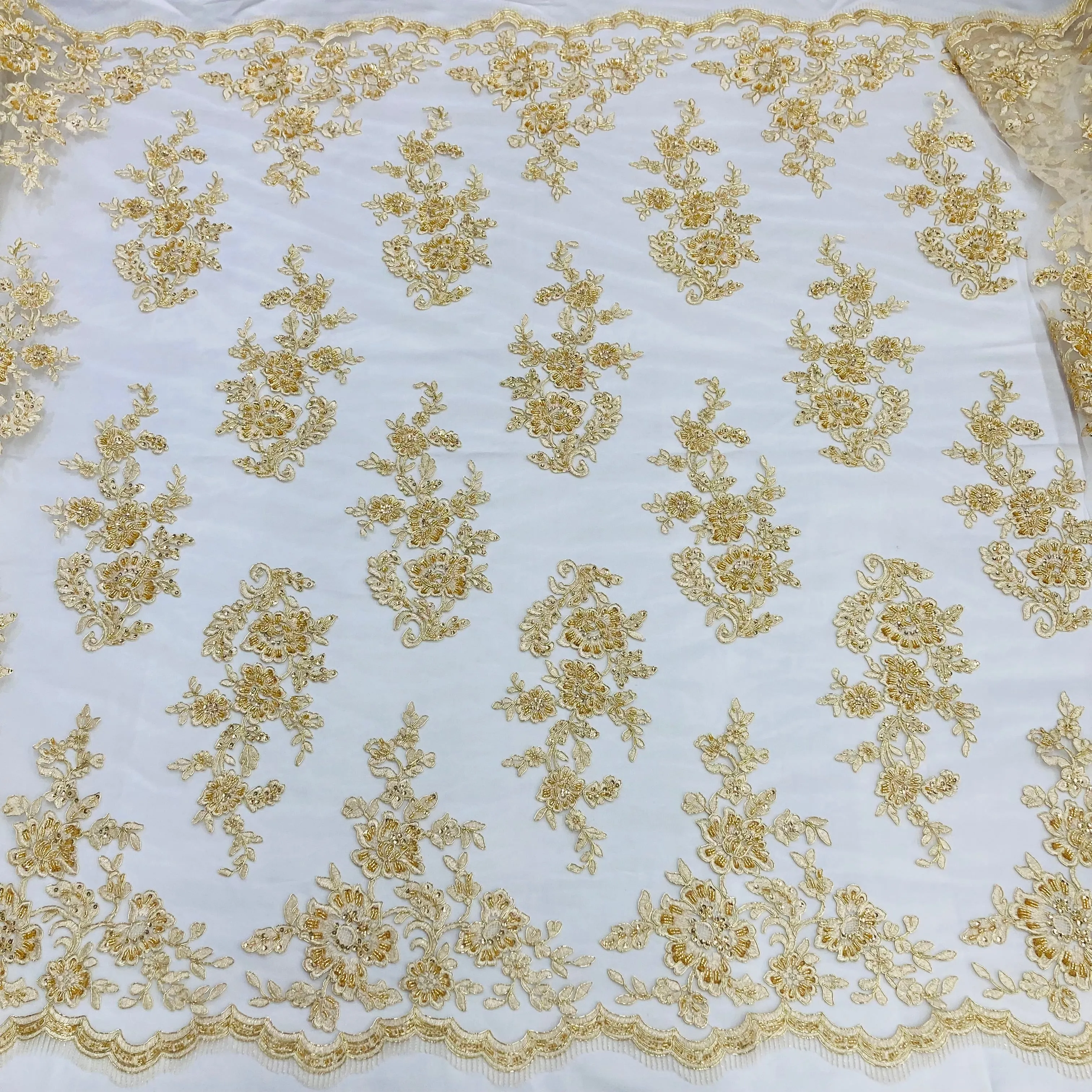 Beaded & Corded Bridal Lace Fabric Embroidered on 100% Polyester Net Mesh | Lace USA - 97145W-HB