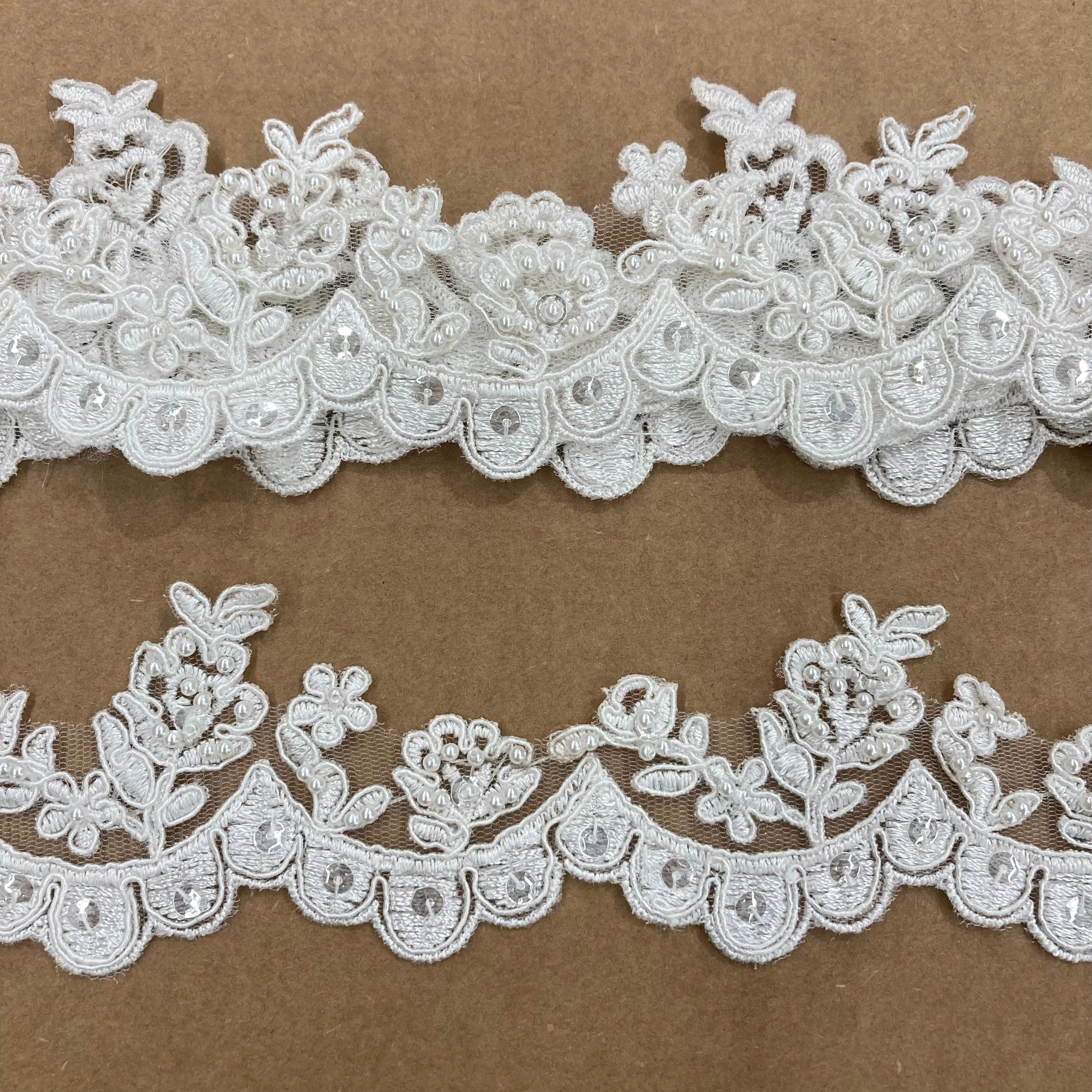 Beaded & Corded Floral Lace Trimming Embroidered on 100% Polyester Net Mesh | Lace USA - 95912W-BP
