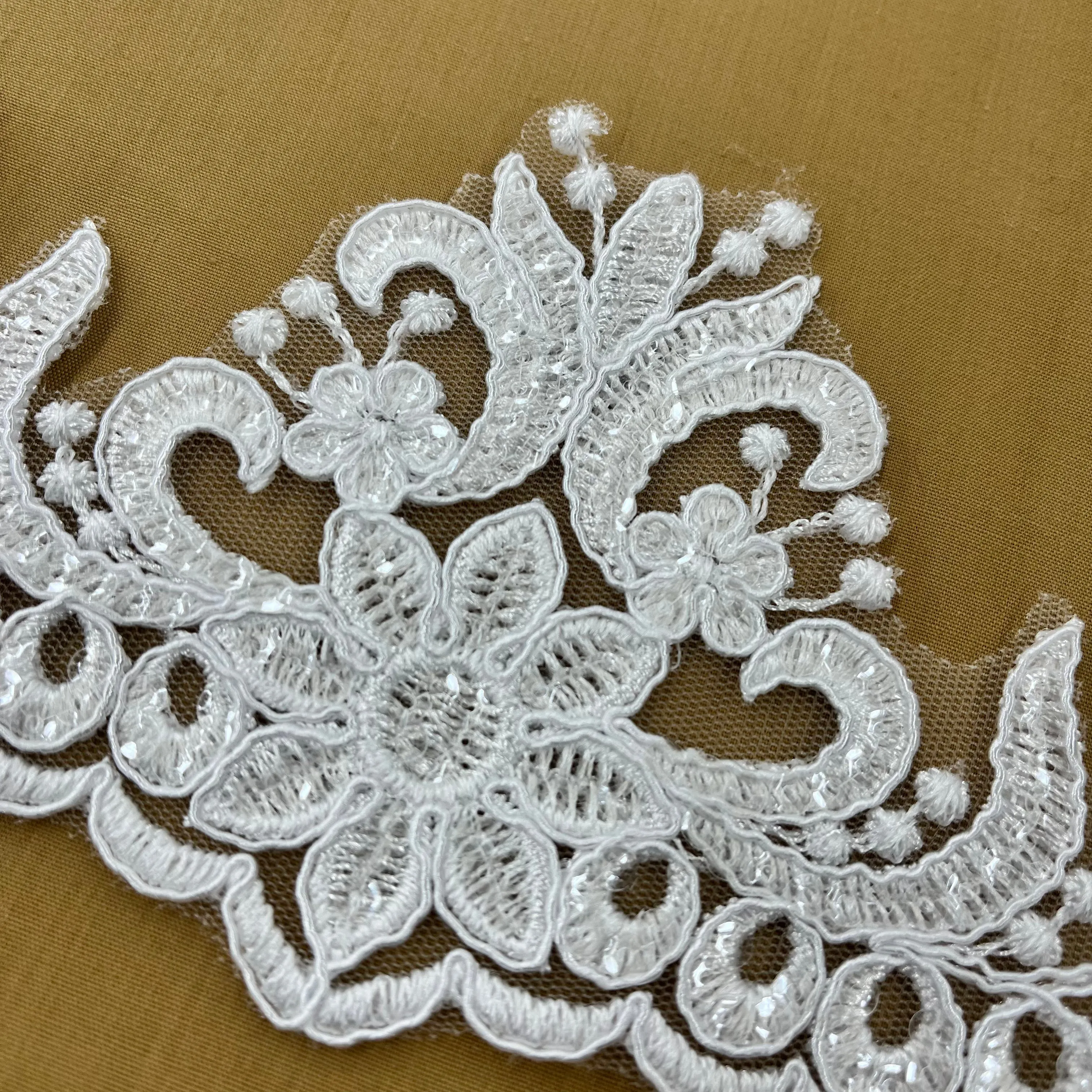 Beaded & Corded Floral Lace Trimming Embroidered on 100% Polyester Net Mesh | Lace USA - 97215W-SB