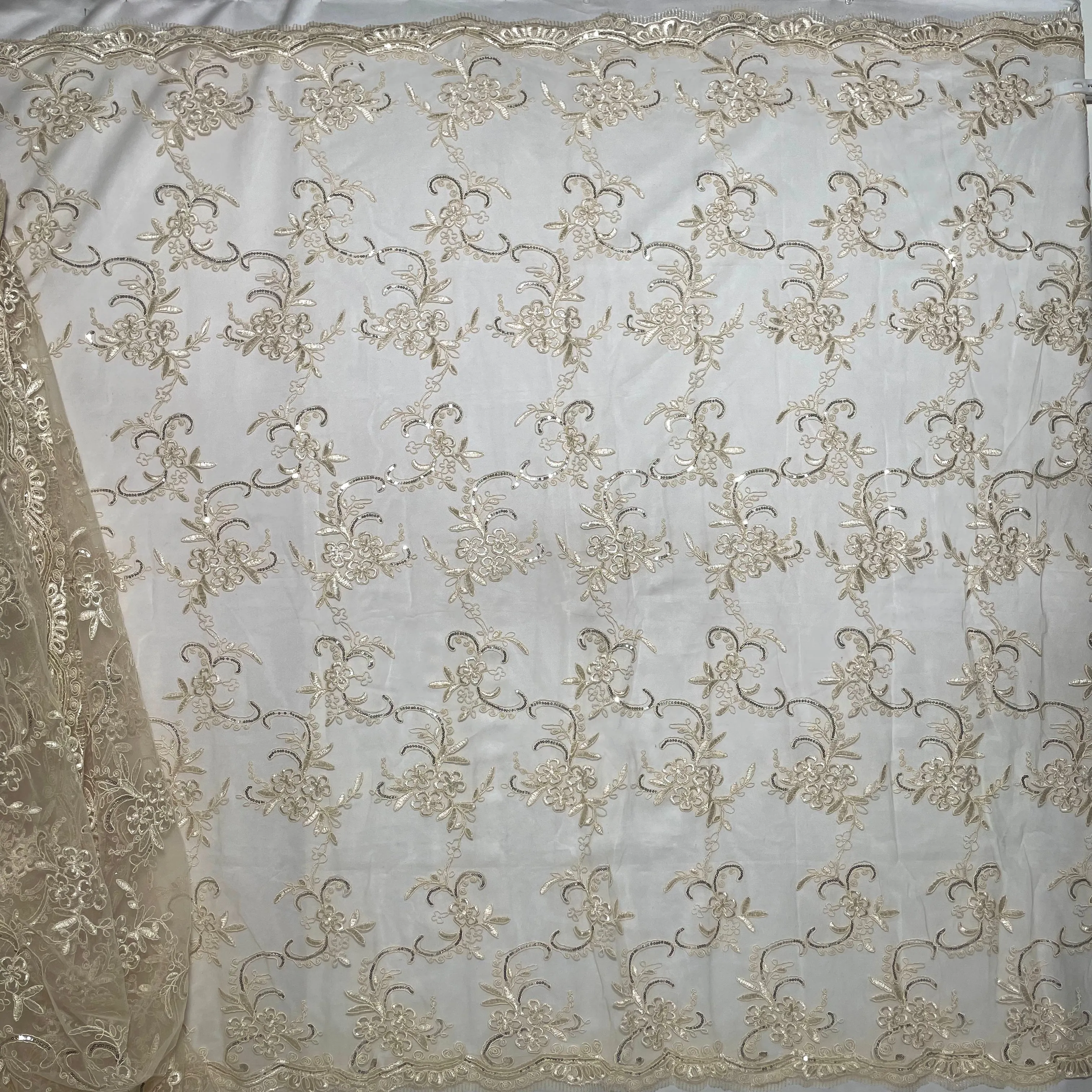 Beaded & Corded Lace Fabric Embroidered on 100% Polyester Net Mesh | Lace USA - GD-09