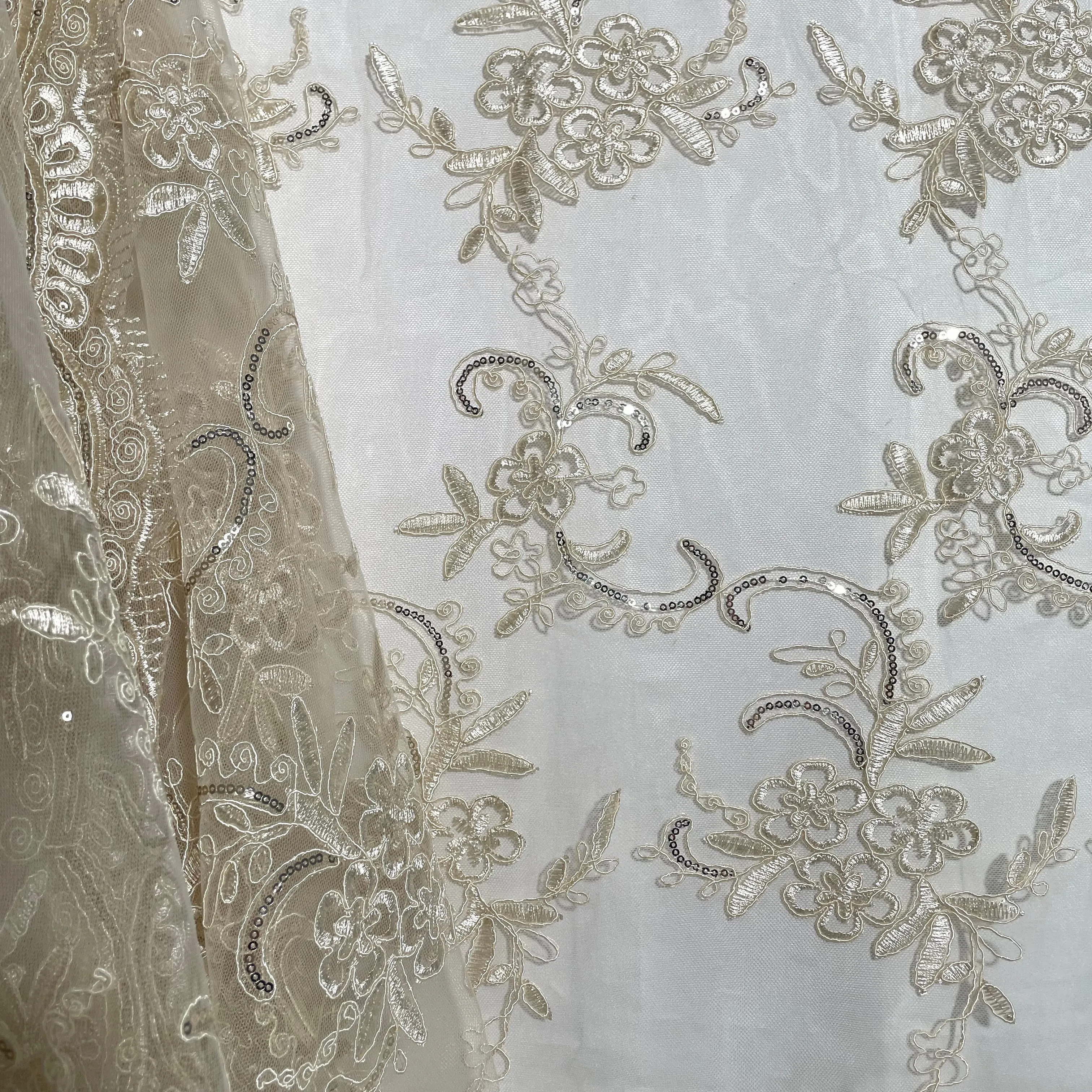 Beaded & Corded Lace Fabric Embroidered on 100% Polyester Net Mesh | Lace USA - GD-09