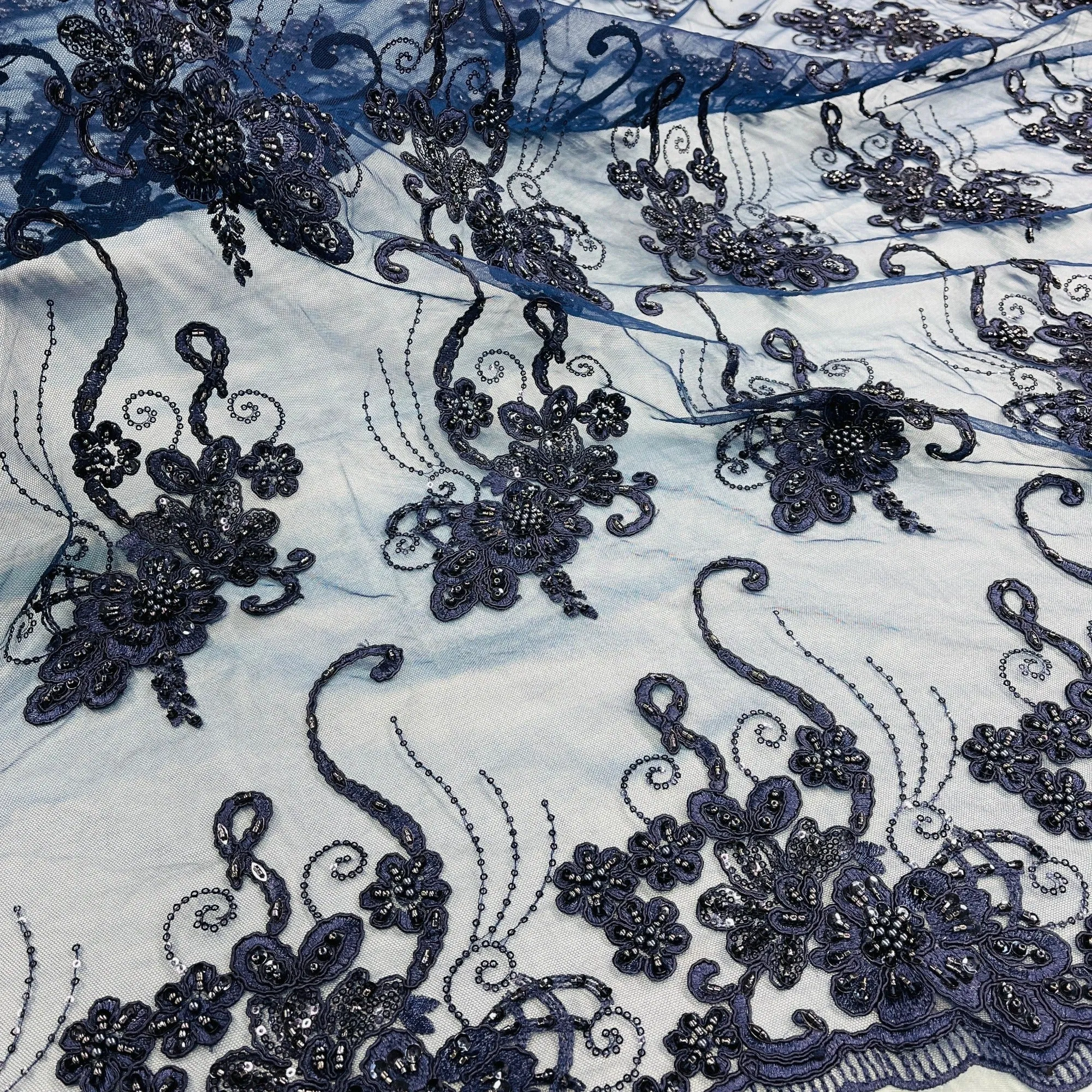 Beaded & Corded Lace Fabric Embroidered on 100% Polyester Net Mesh | Lace USA - GD-1807
