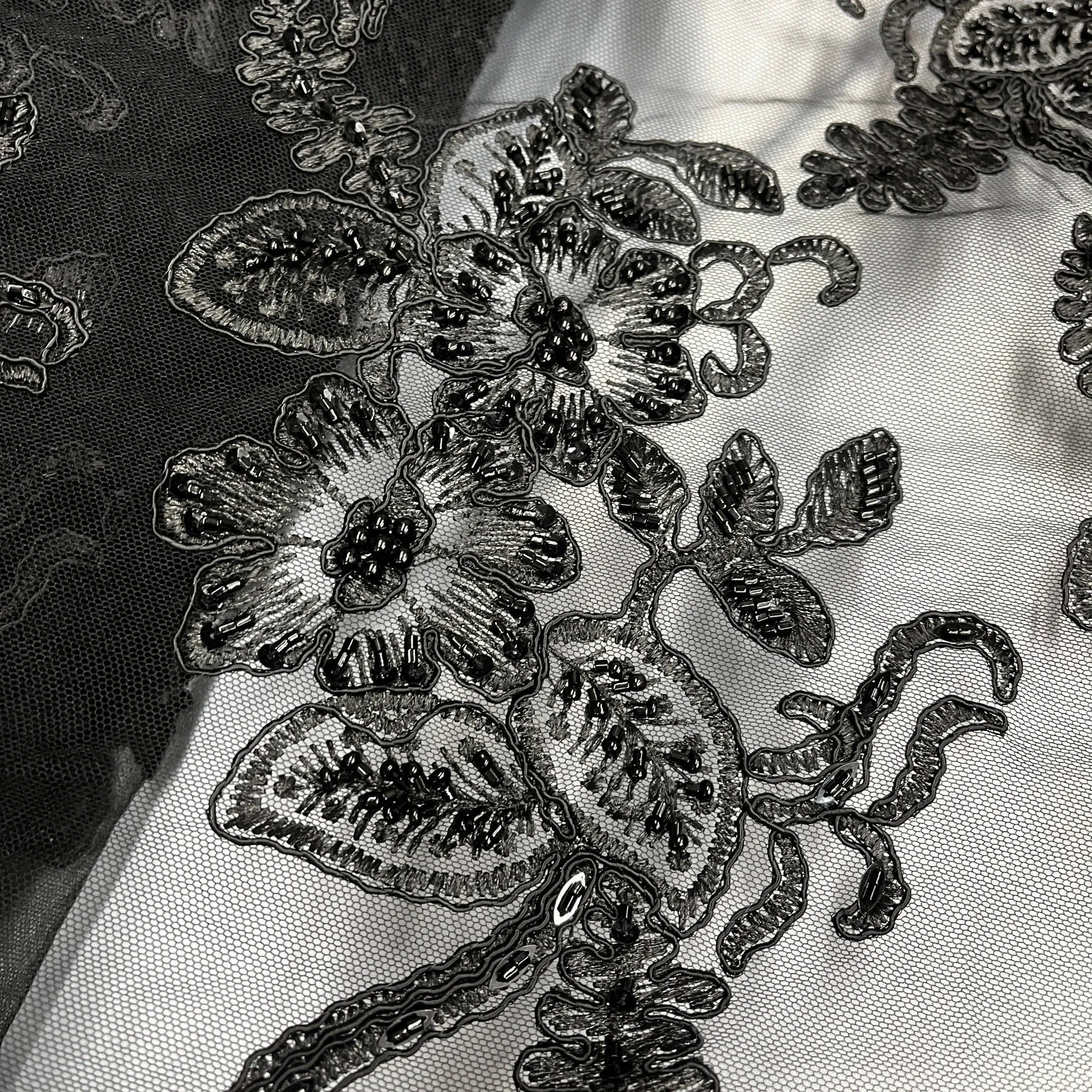 Beaded & Corded Lace Fabric Embroidered on 100% Polyester Net Mesh | Lace USA - GD-1823