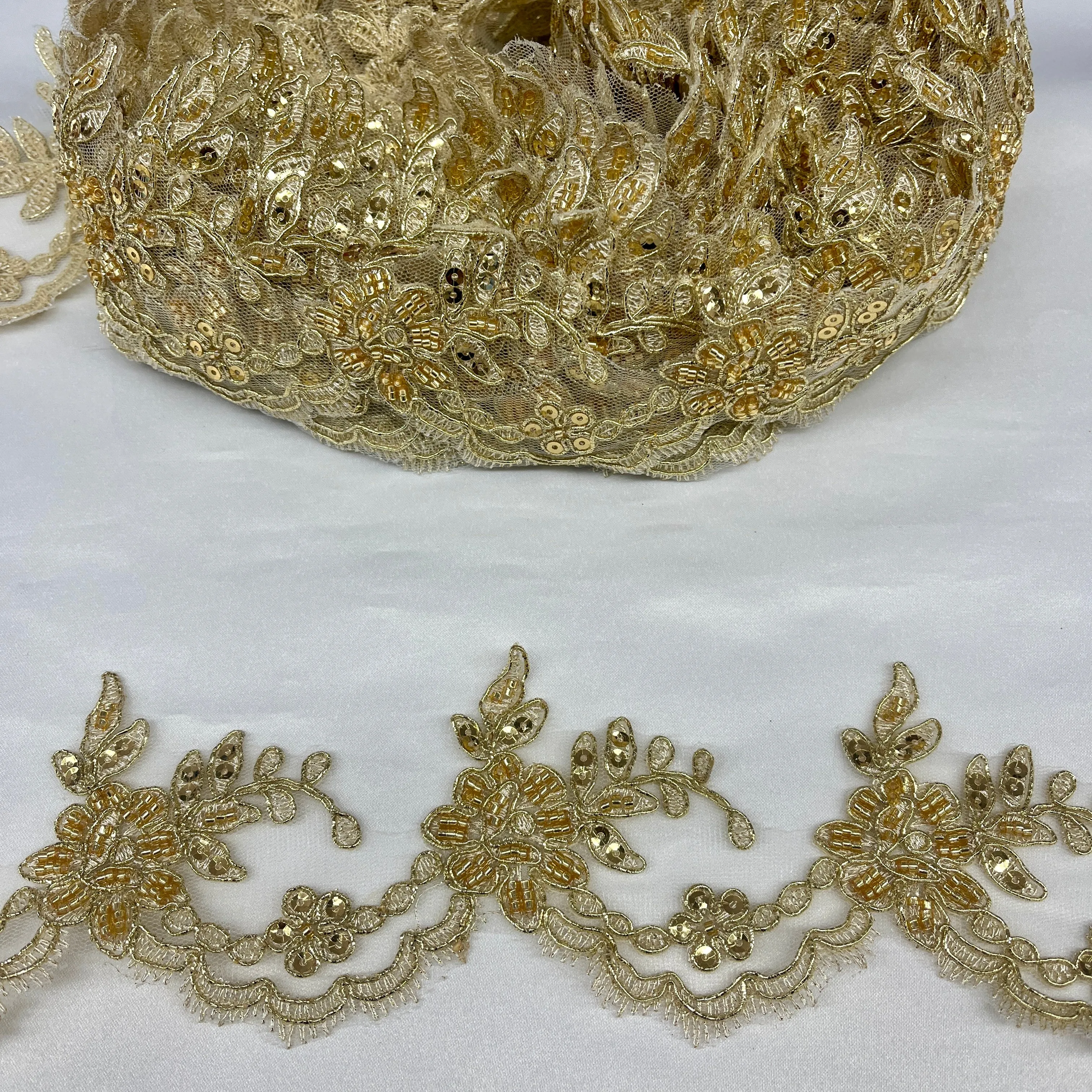 Beaded & Corded Lace Trimming Embroidered on 100% Polyester Net Mesh | Lace USA - 96665W-HB