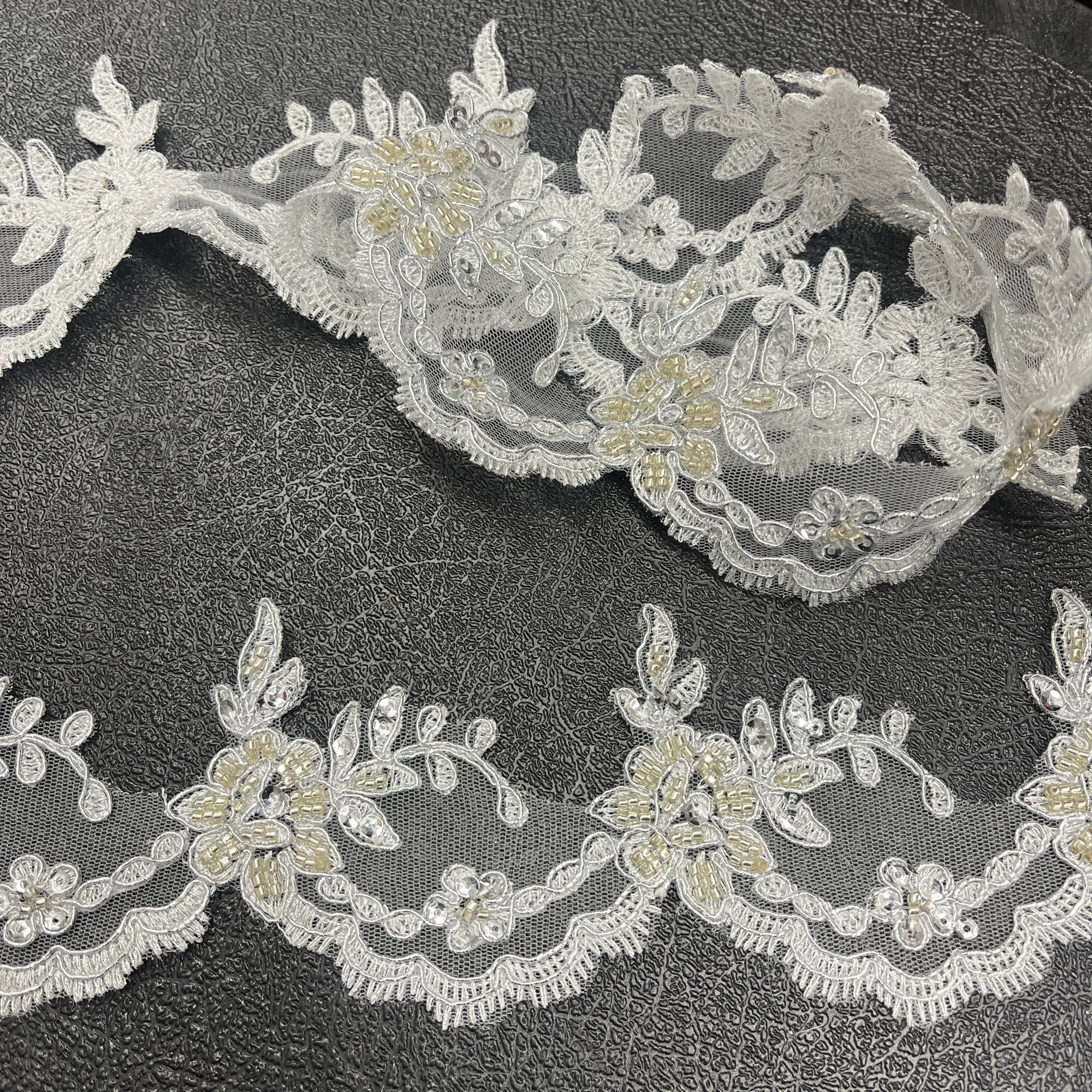 Beaded & Corded Lace Trimming Embroidered on 100% Polyester Net Mesh | Lace USA - 96665W-HB
