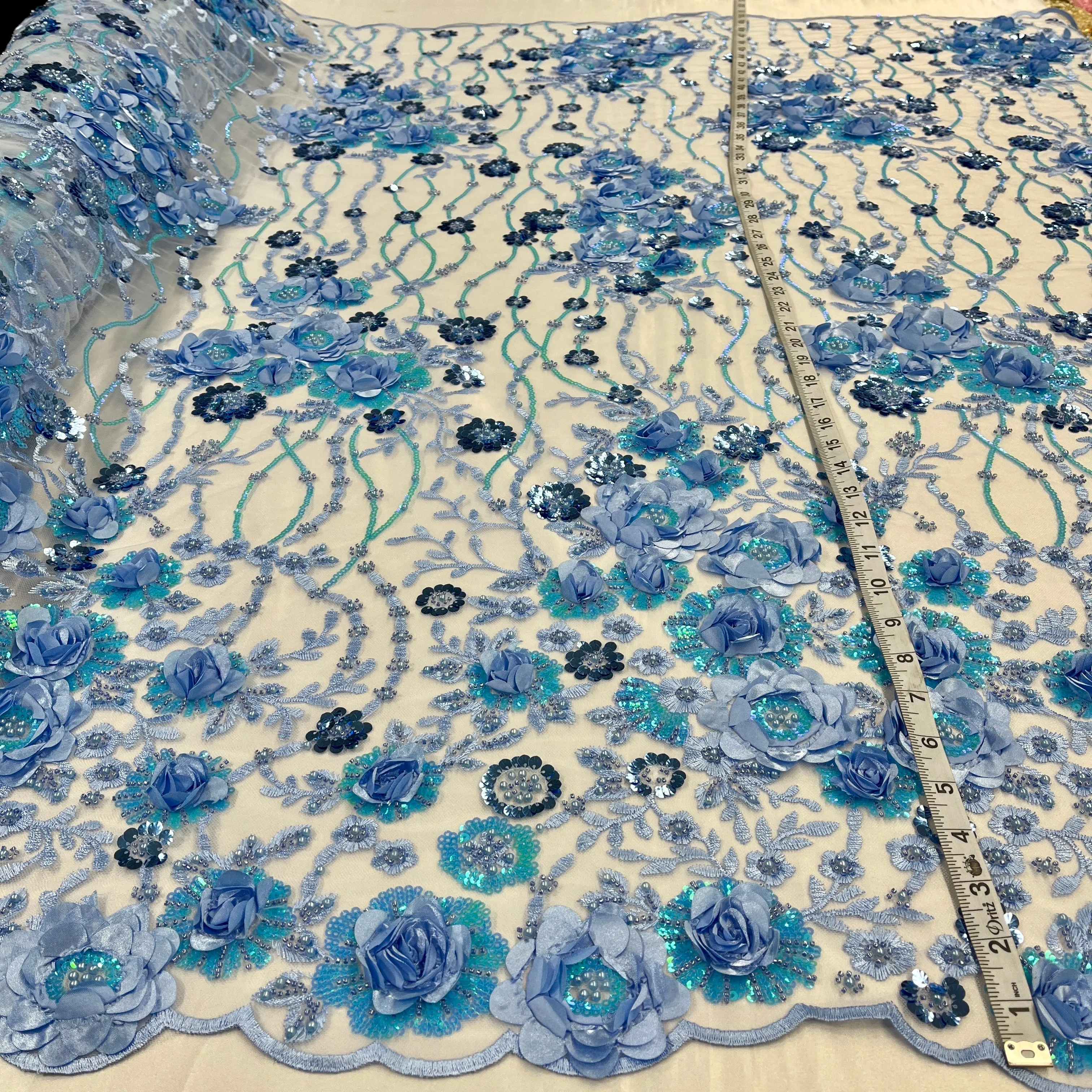 Beaded and Sequined 3D Floral Sparkling Lace Fabric Embroidered on 100% Polyester Net Mesh | Lace USA - GD-2211