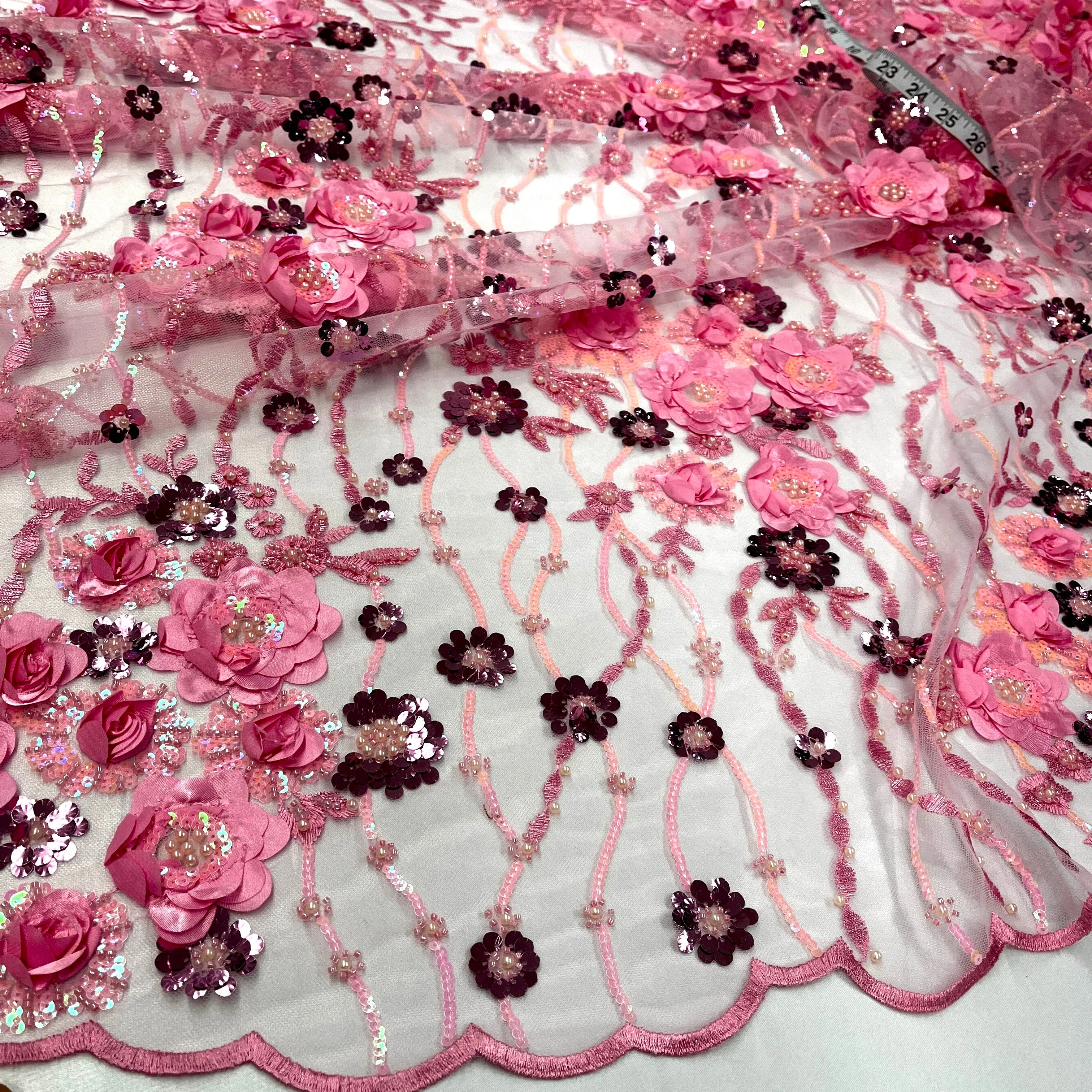 Beaded and Sequined 3D Floral Sparkling Lace Fabric Embroidered on 100% Polyester Net Mesh | Lace USA - GD-2211