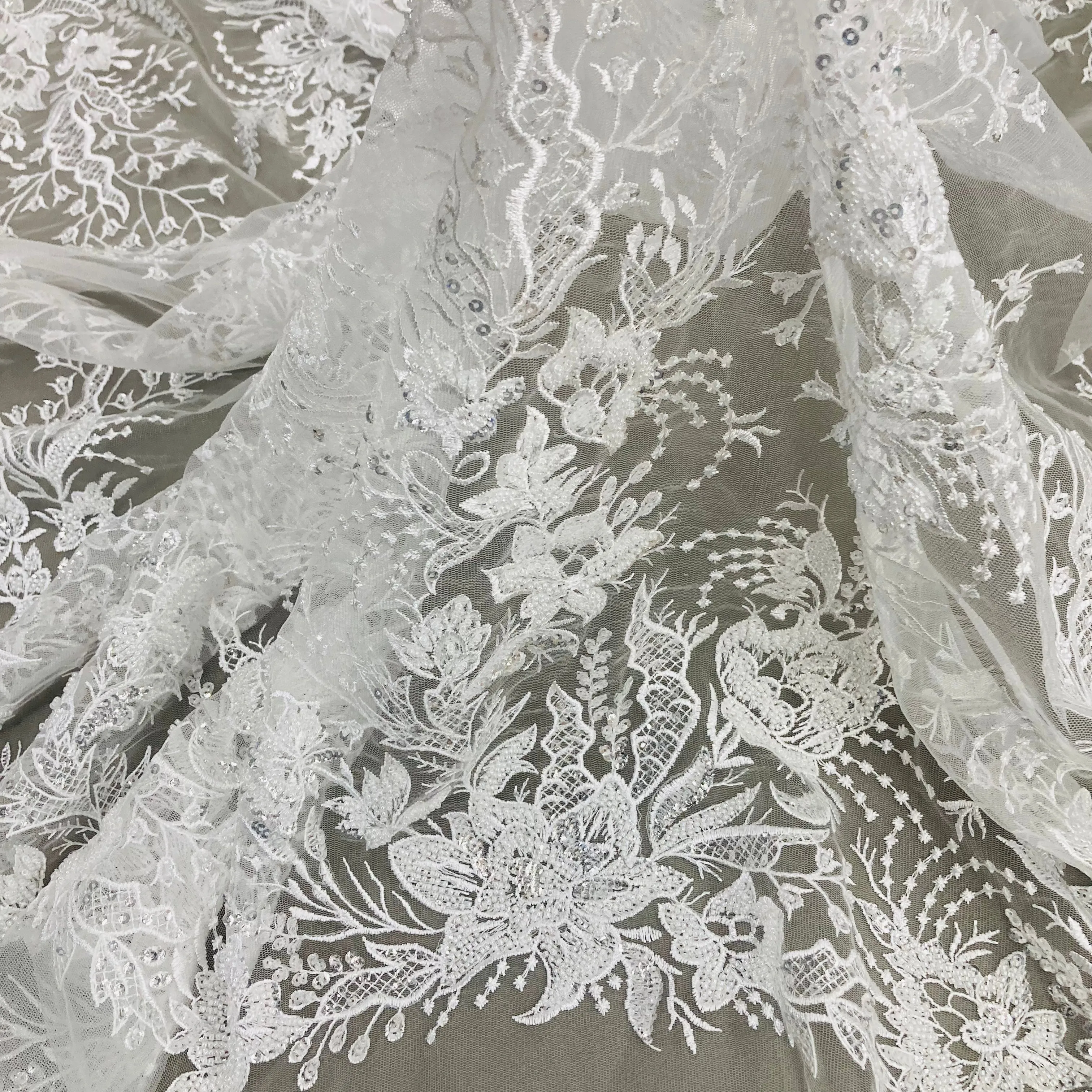 Beaded Lace Fabric Embroidered on 100% Polyester Net Mesh | Lace USA - GD-66919