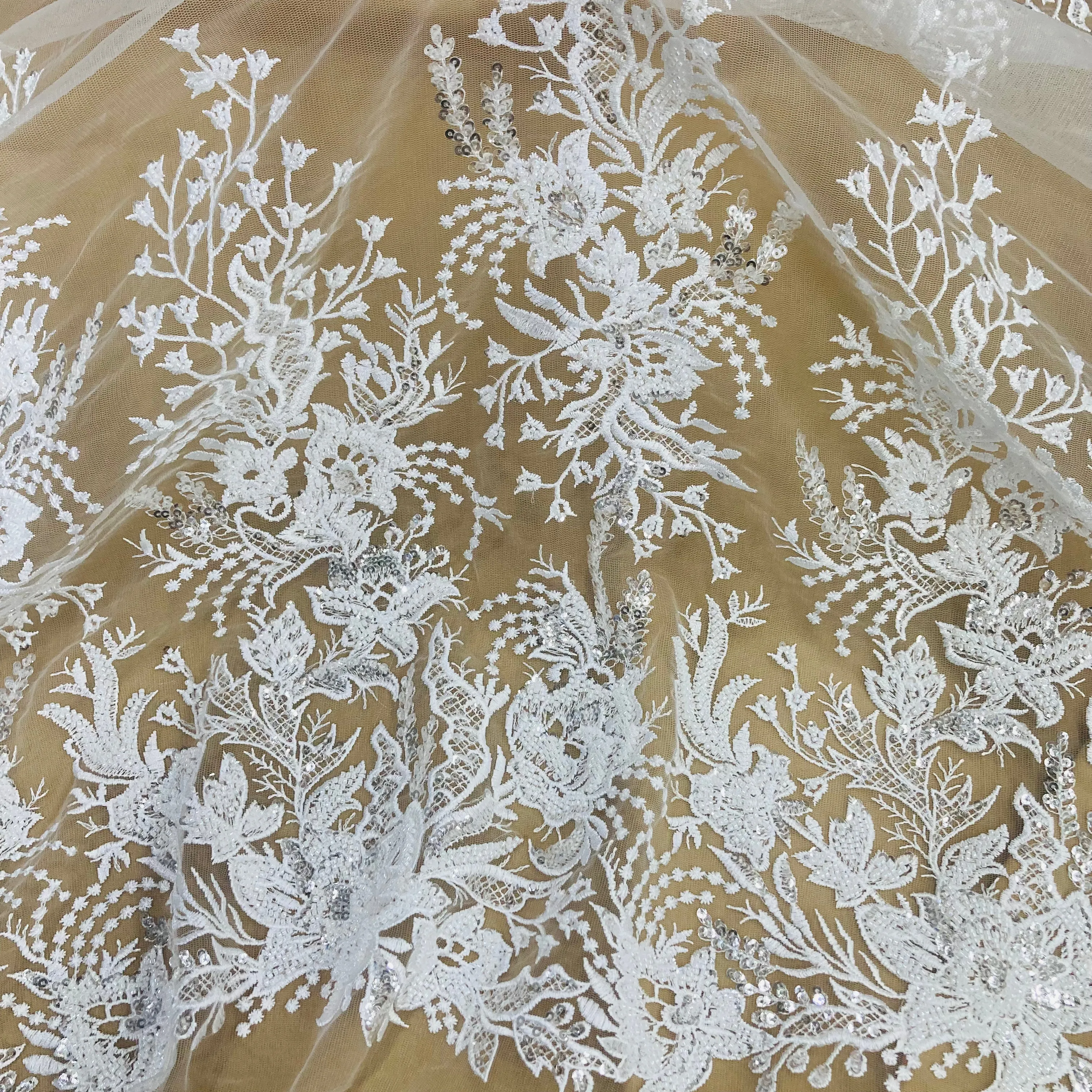 Beaded Lace Fabric Embroidered on 100% Polyester Net Mesh | Lace USA - GD-66919