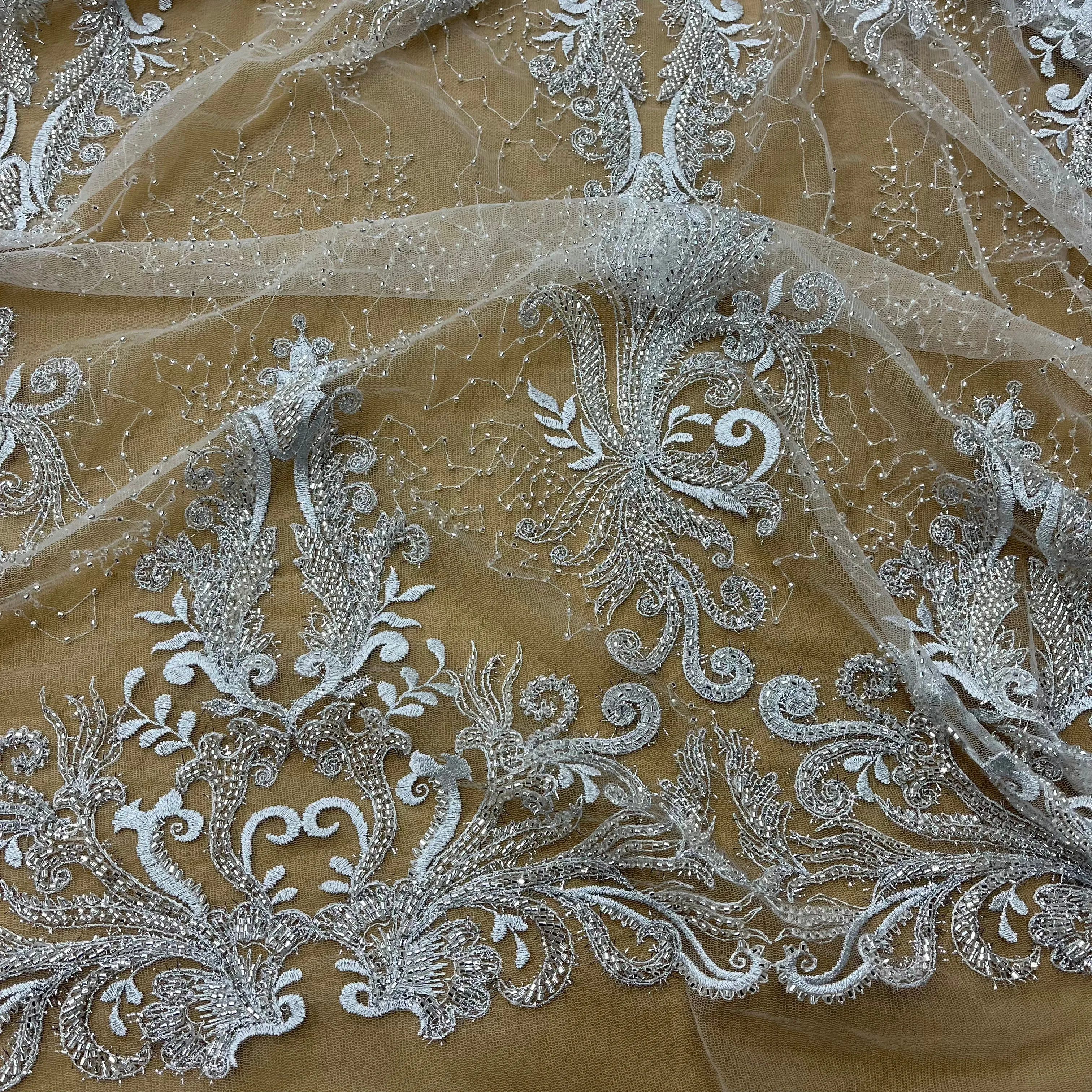 Beaded Lace Fabric Embroidered With Fuzzy Thread on 100% Polyester Net Mesh | Lace USA - GD-12264