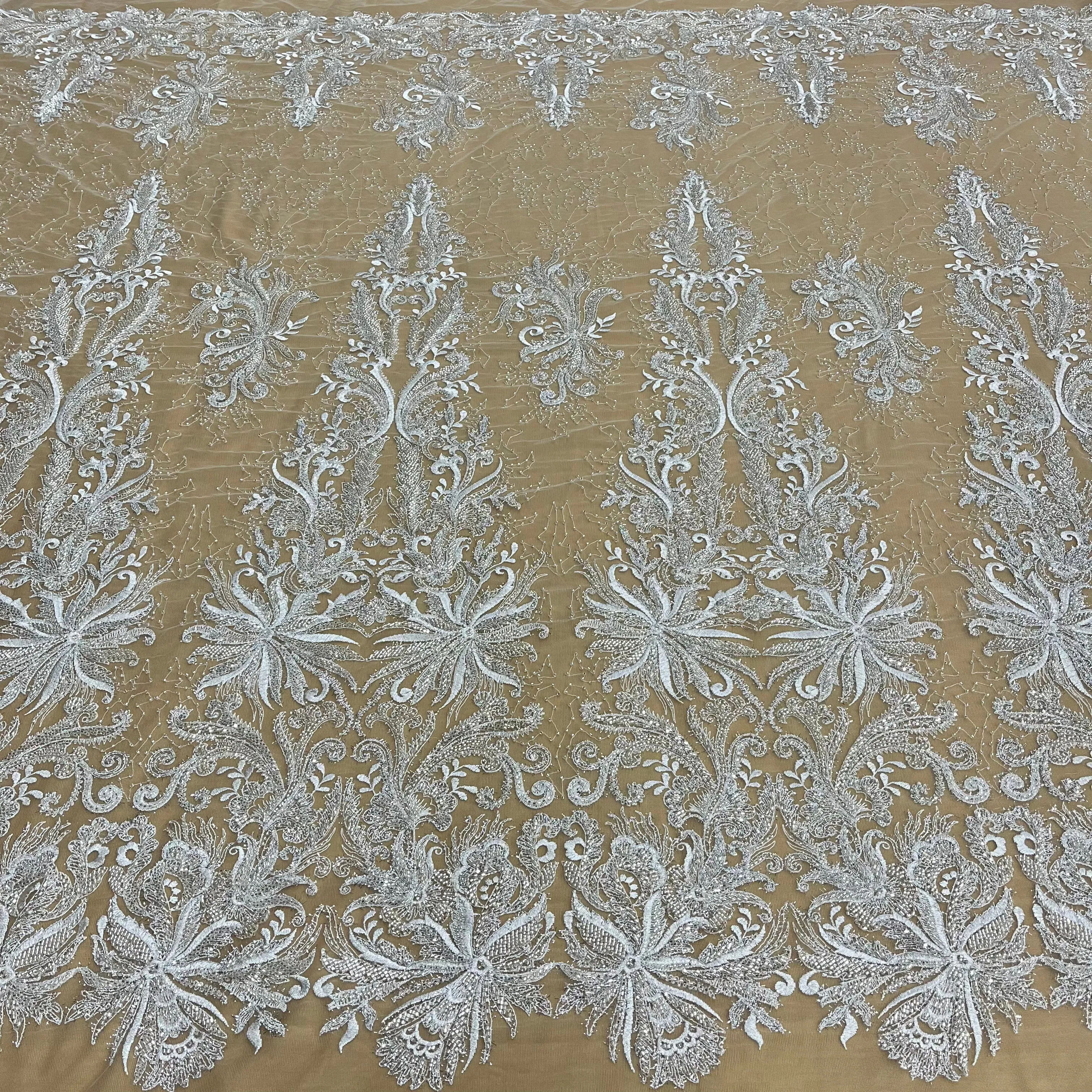 Beaded Lace Fabric Embroidered With Fuzzy Thread on 100% Polyester Net Mesh | Lace USA - GD-12264
