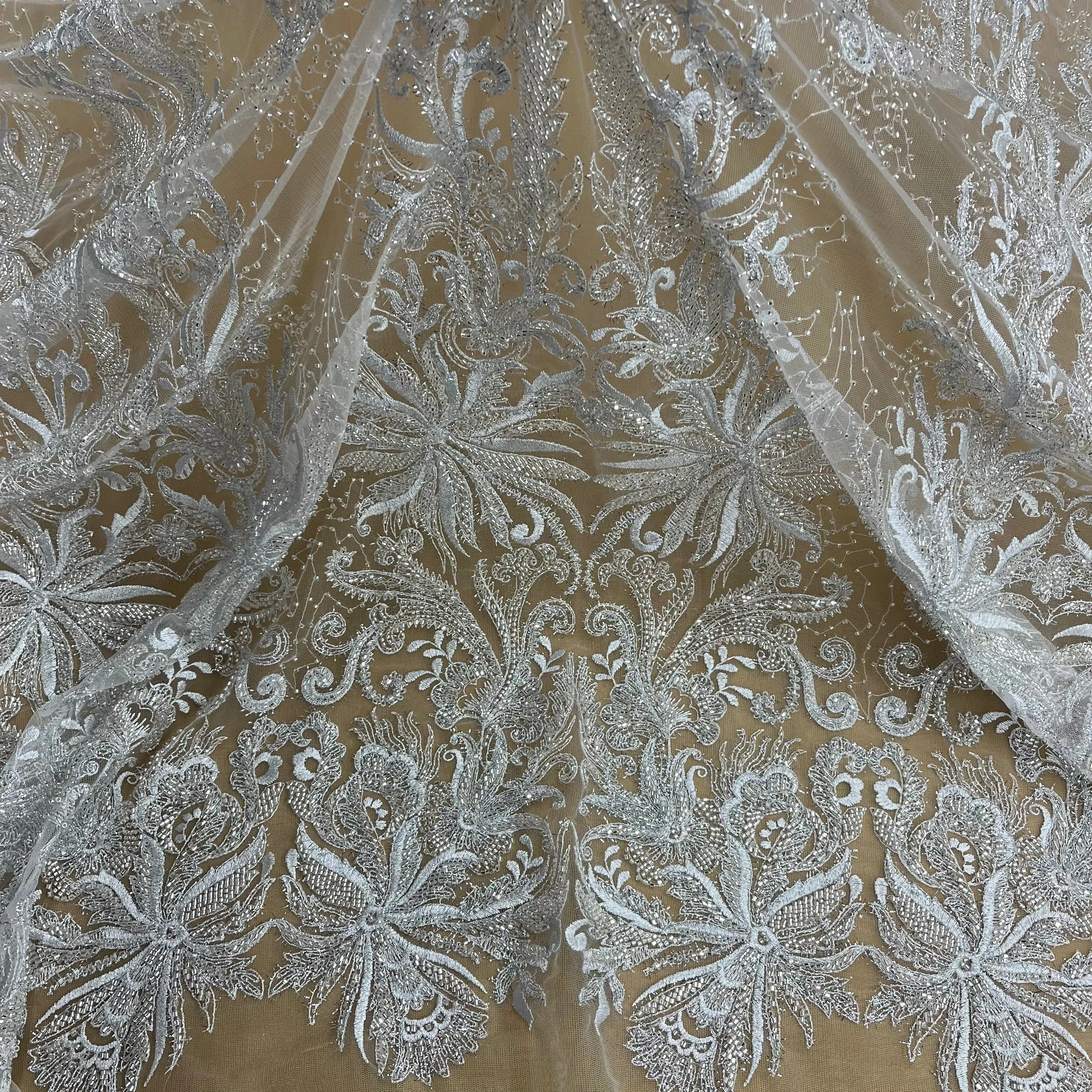 Beaded Lace Fabric Embroidered With Fuzzy Thread on 100% Polyester Net Mesh | Lace USA - GD-12264