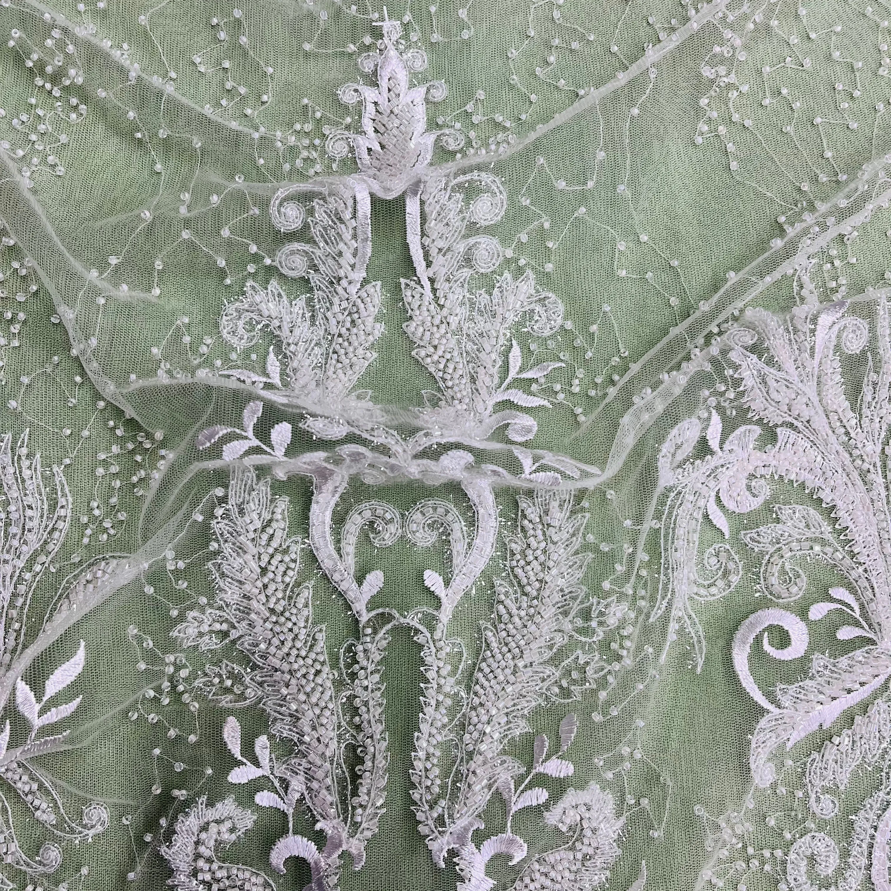 Beaded Lace Fabric Embroidered With Fuzzy Thread on 100% Polyester Net Mesh | Lace USA - GD-12264