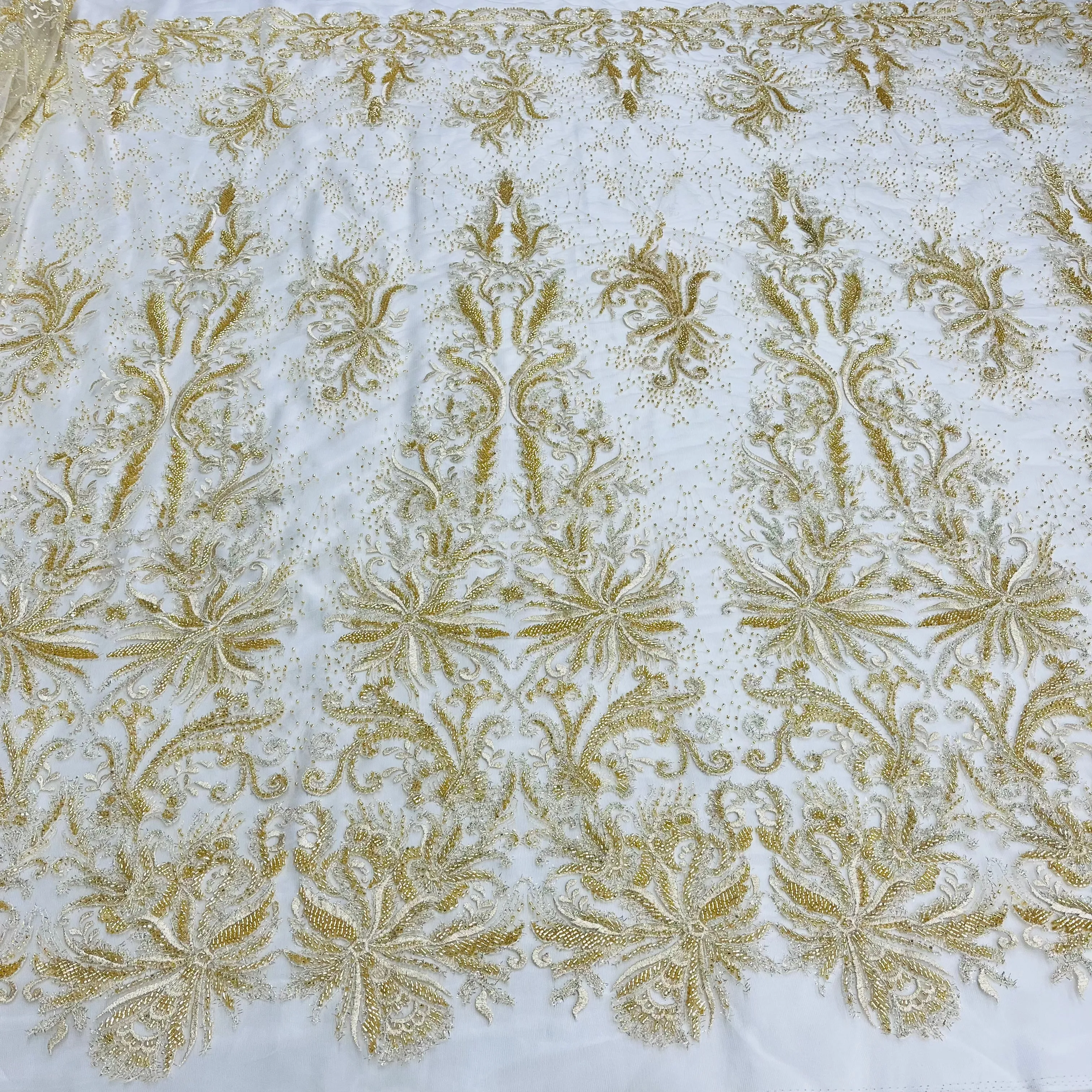 Beaded Lace Fabric Embroidered With Fuzzy Thread on 100% Polyester Net Mesh | Lace USA - GD-12264