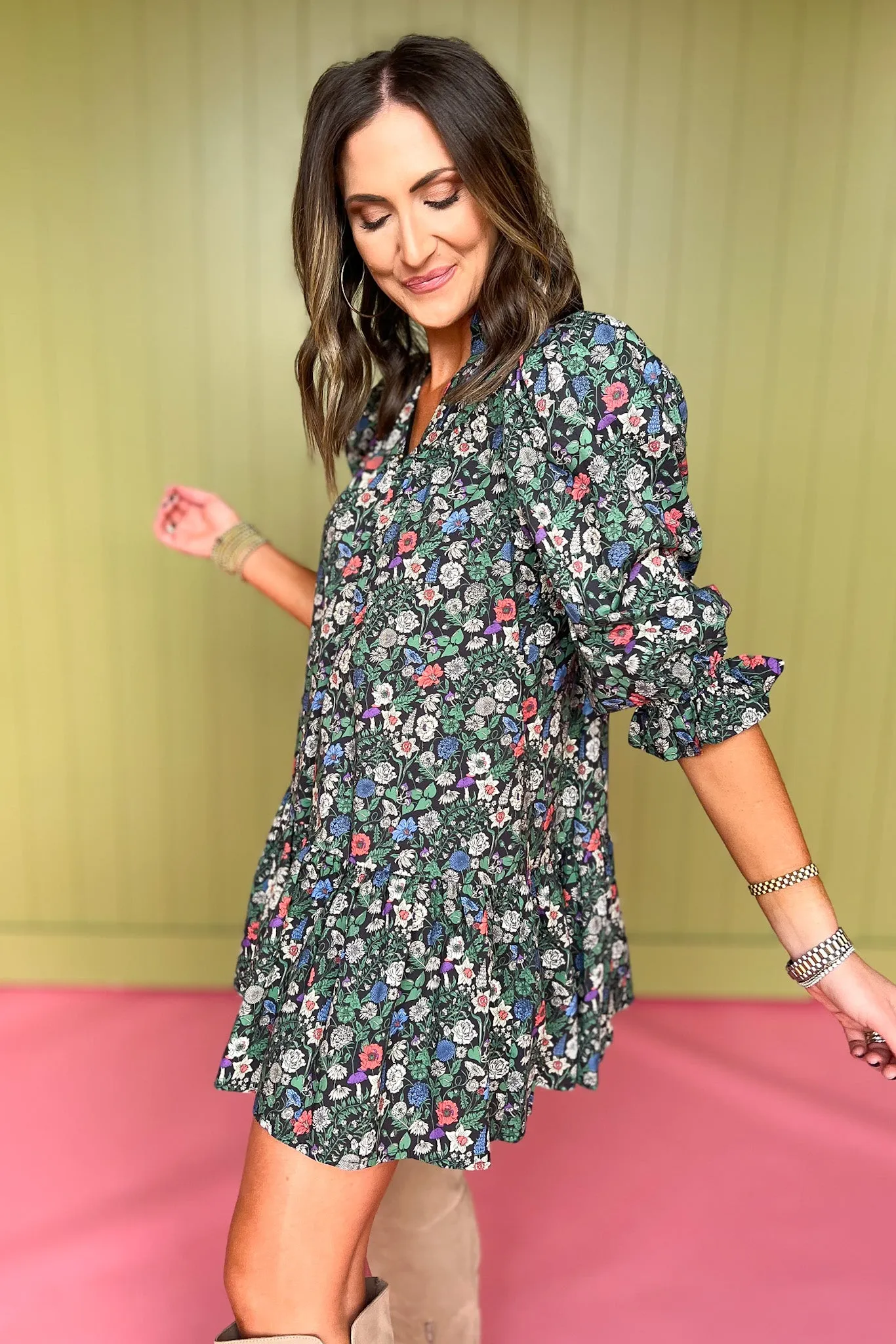 Black Floral 3/4 Puff Sleeve Dress *FINAL SALE*