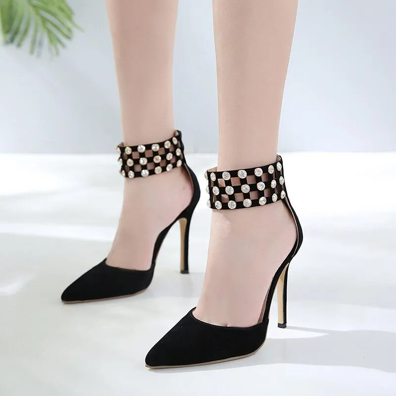 Black Rhinestone Suede Pointe Toe High Heels