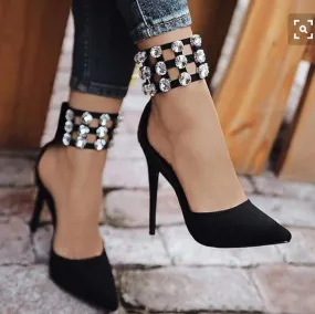 Black Rhinestone Suede Pointe Toe High Heels
