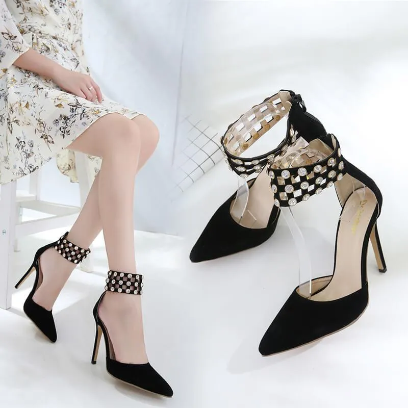 Black Rhinestone Suede Pointe Toe High Heels