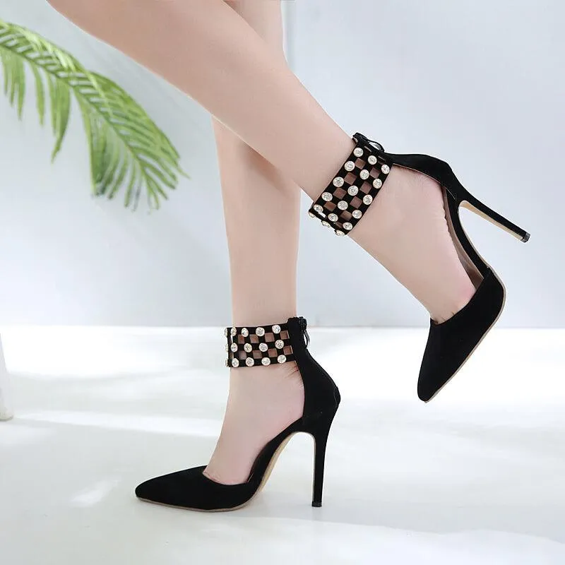 Black Rhinestone Suede Pointe Toe High Heels