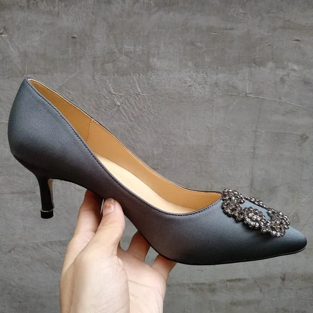 Black Rhinestones High Heels Shoes Woman Basic Pumps Satin Cloth Artificial Crystal Diamond Buckle Work Fashion Sexy Women Shoes