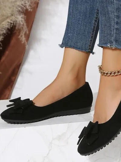 Bow Solid Color Round Toe Flat Slip-Ons