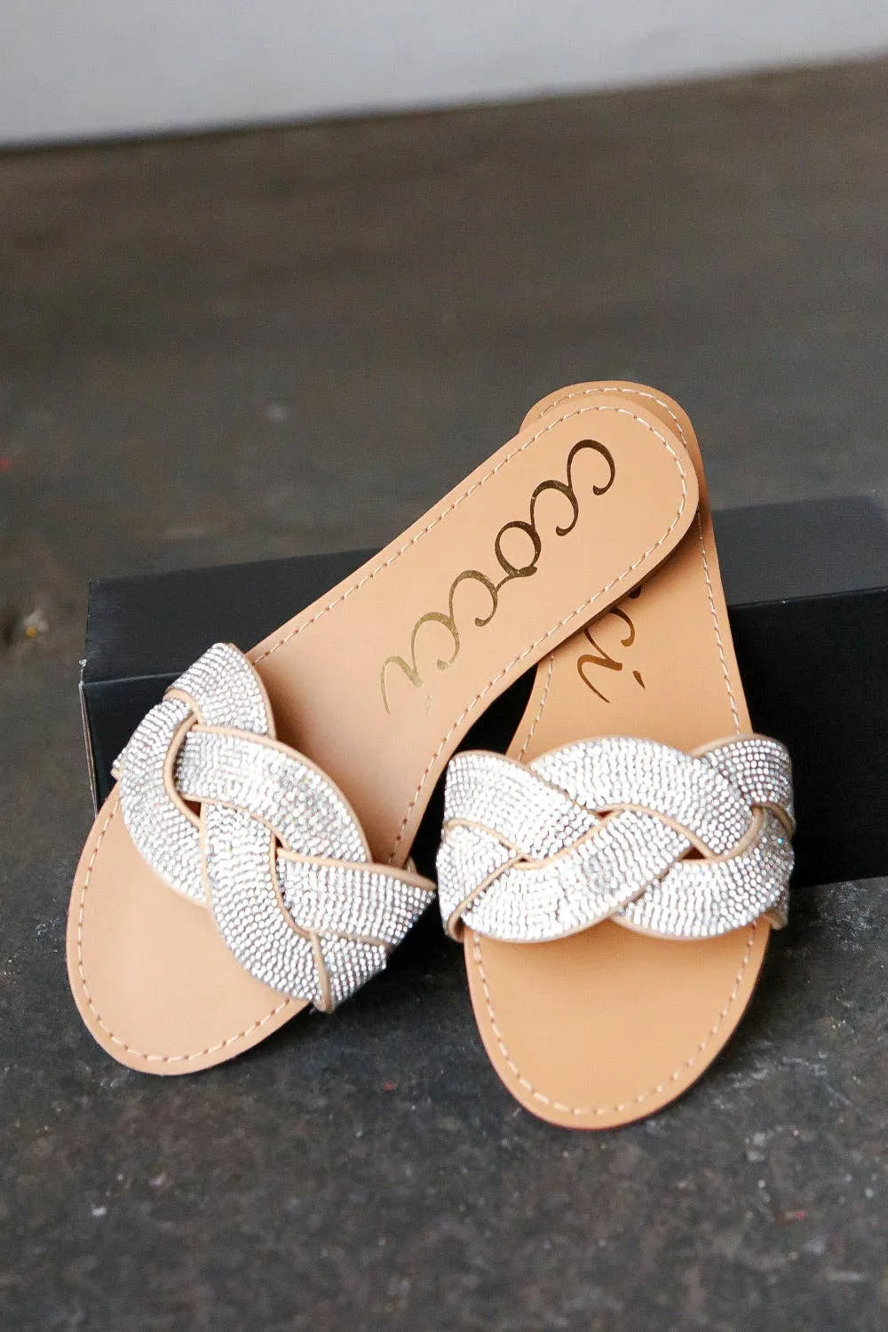 Braided Rhinestone Slide Sandals